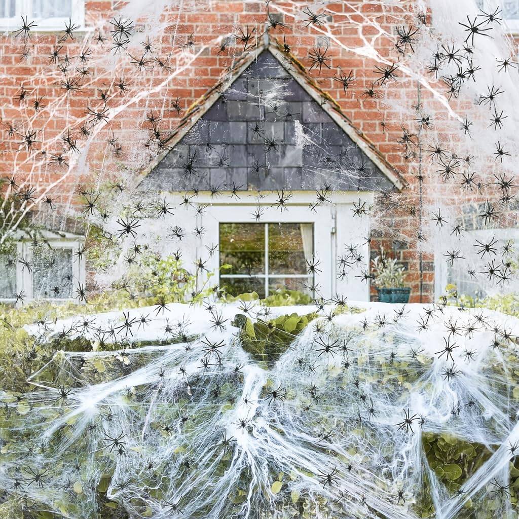 Dekoracja pajęczyny na Halloween, 8400 m², rozciągliwa pajęczyna z 600 realistycznymi pająkami, na zewnątrz i wewnątrz, straszny nawiedzony dom, sztuczna sieć do ogrodu, werandy, drzew, ścian, drzwi i