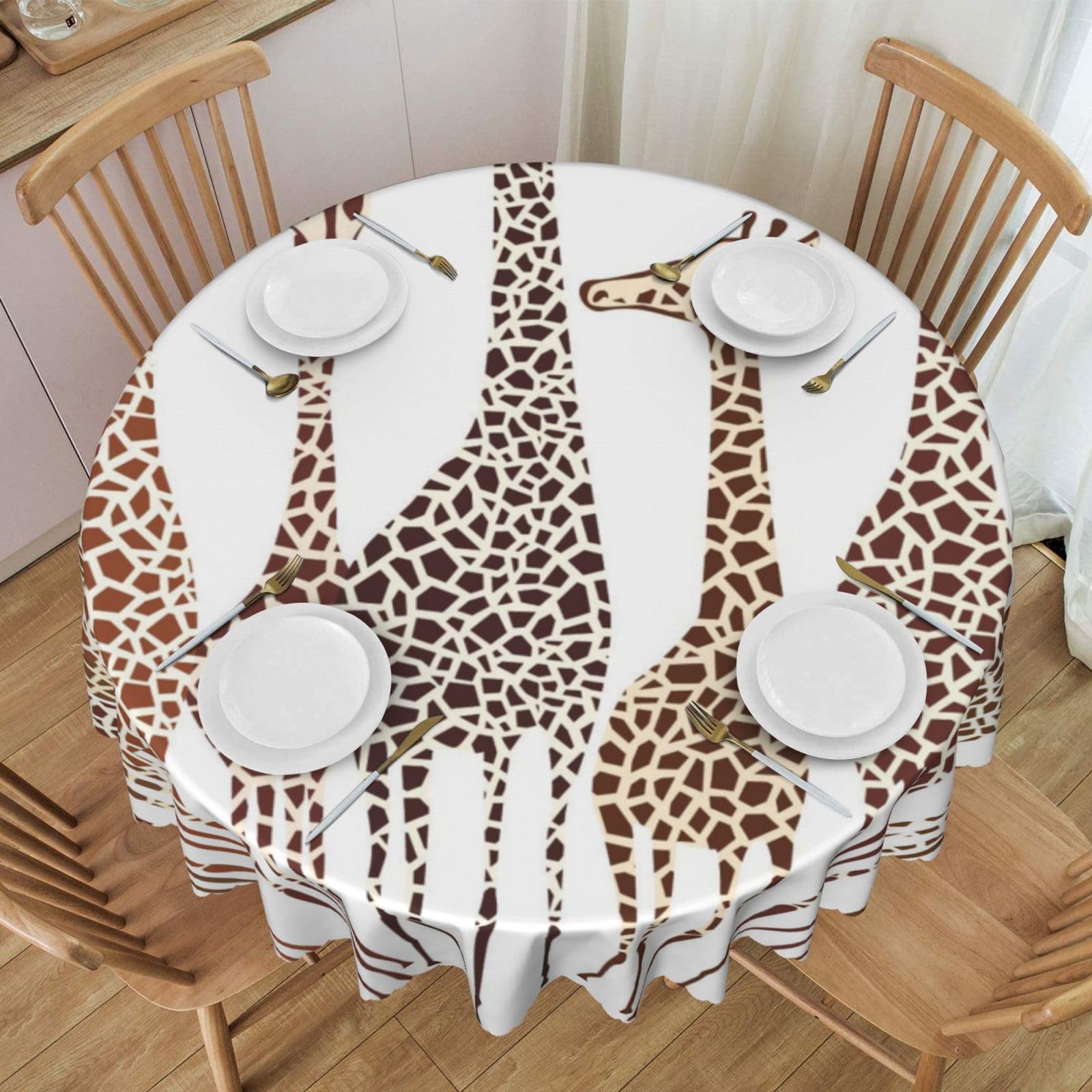 DCEHGEW 60 In Round Tablecloth with Lace, Cute Wild Cartoon Giraffes Printed Oilproof & Washable Fabric Picnic Table Cloth Table Covers