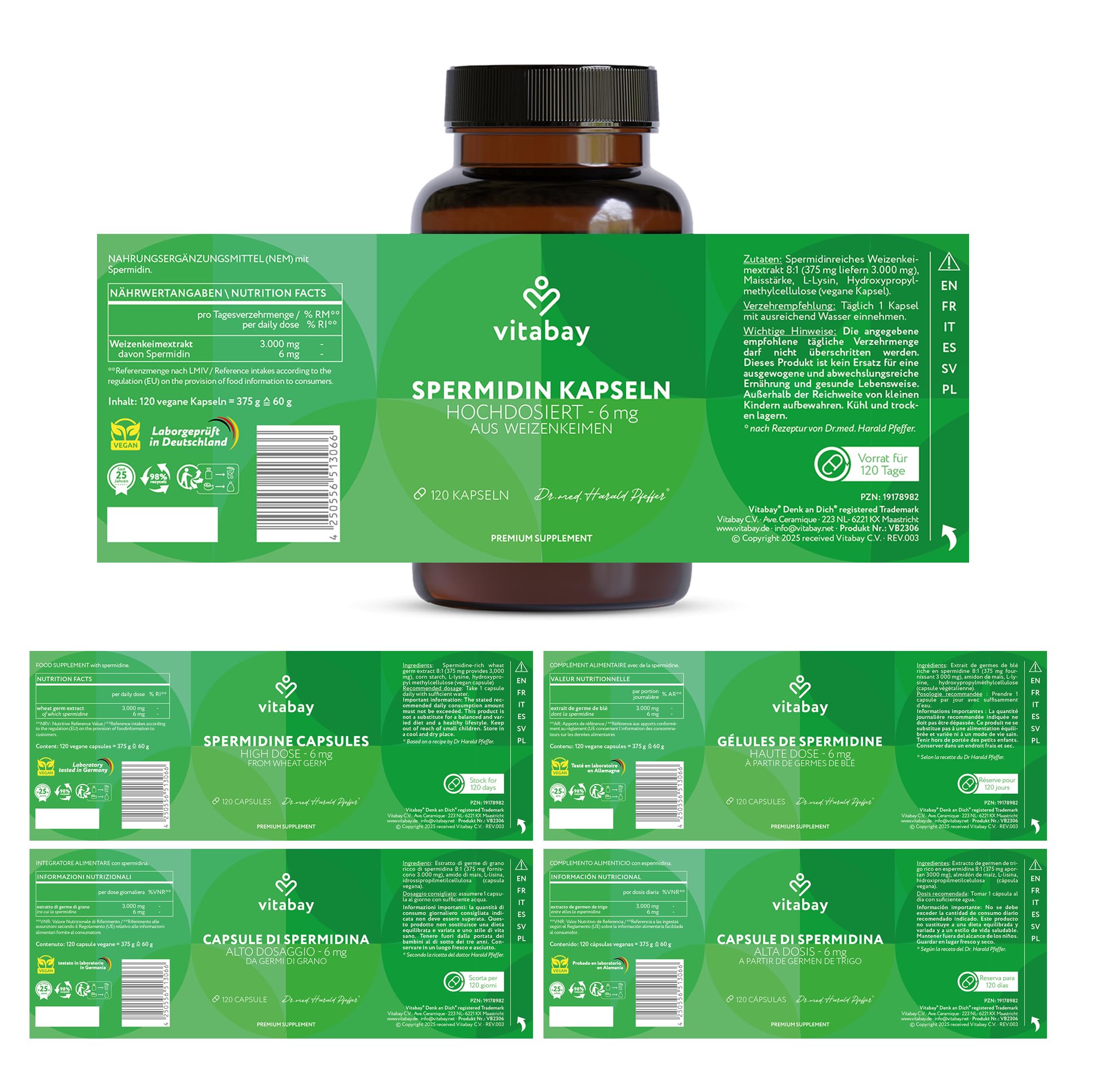 Vitabay Spermidin 6 mg Hochdosiert – 120 vegane Kapseln mit fermentiertem Weizenkeimextrakt – Natürlich hergestellt - Laborgeprüft in Deutschland & ohne Zusatzstoffe – Vorrat für 4 Monate