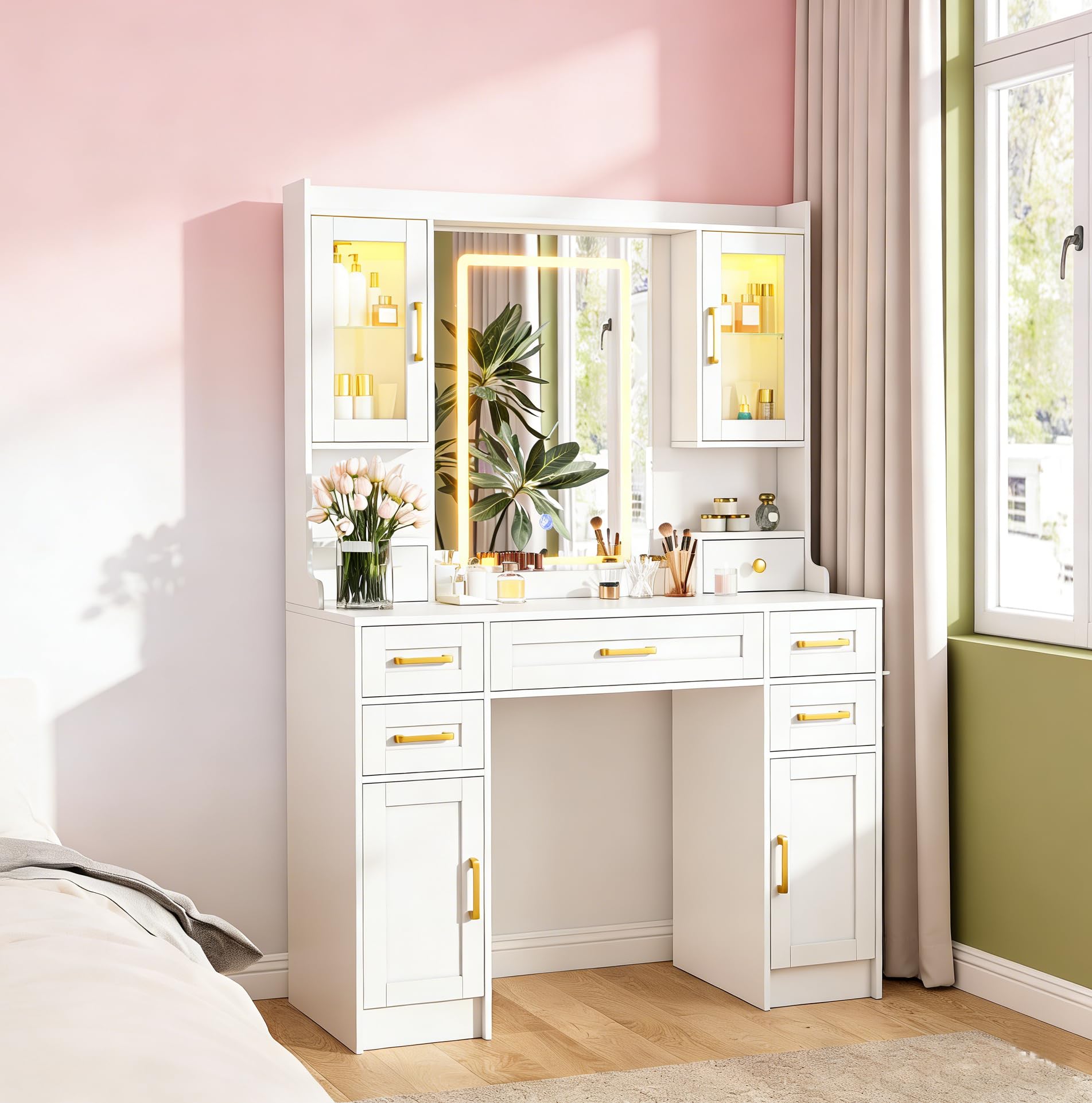 NUNU LAB 42.3 Inchs Large Vanity Desk with Mirror and Lights with 6 Drawers and 4 Cabinets, Big Women Makeup Table with Power Outlet, 3-Color Adjustable Lighting for Bedroom