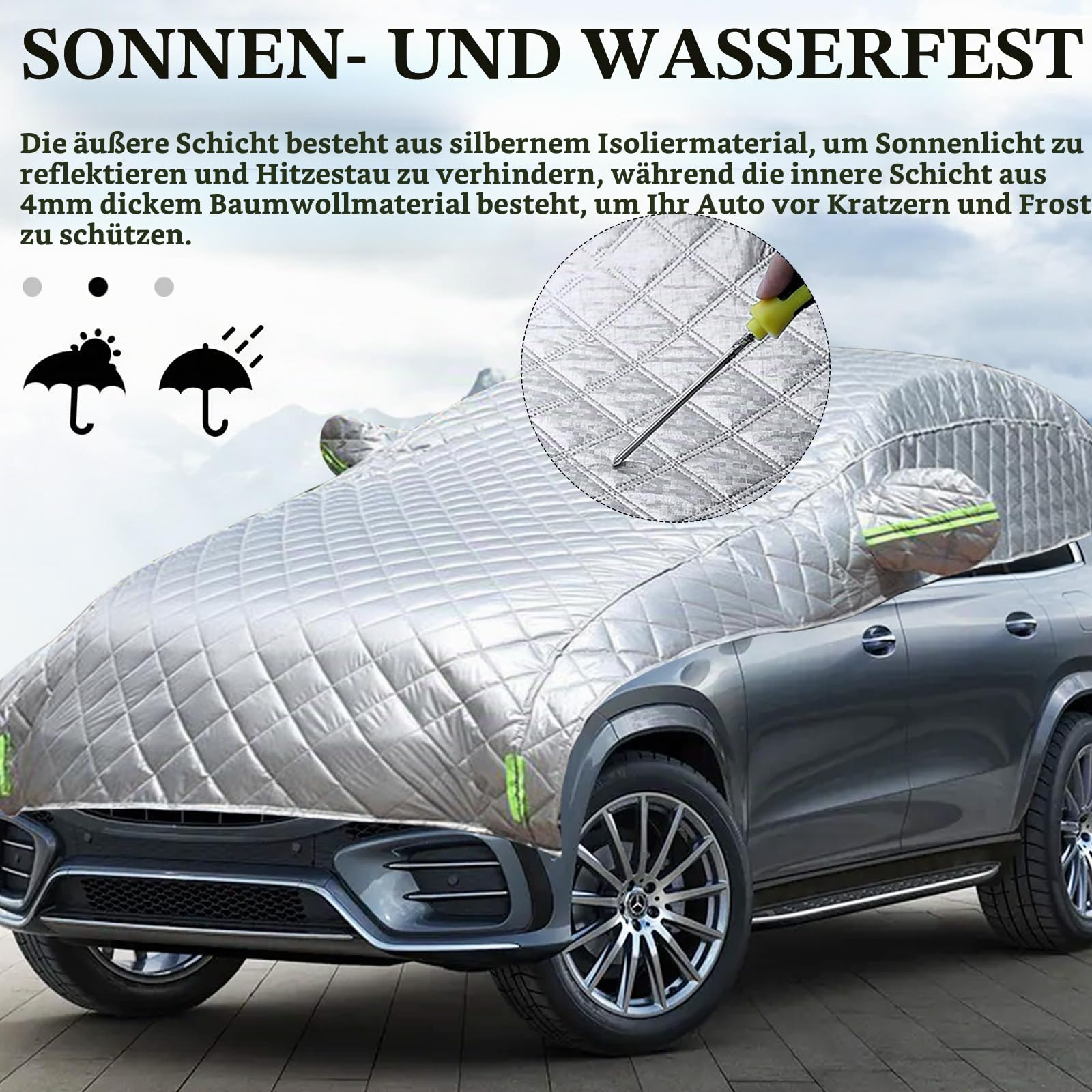 Autoabdeckung, 520x240cm Halbgaragenabdeckung Hagelschutz Auto Hageldecke für Autos Frontscheibenabdeckung Winter Wasserdicht Einfrieren verhindern Staubdicht Schneeschutz für SUV und Geländewagen