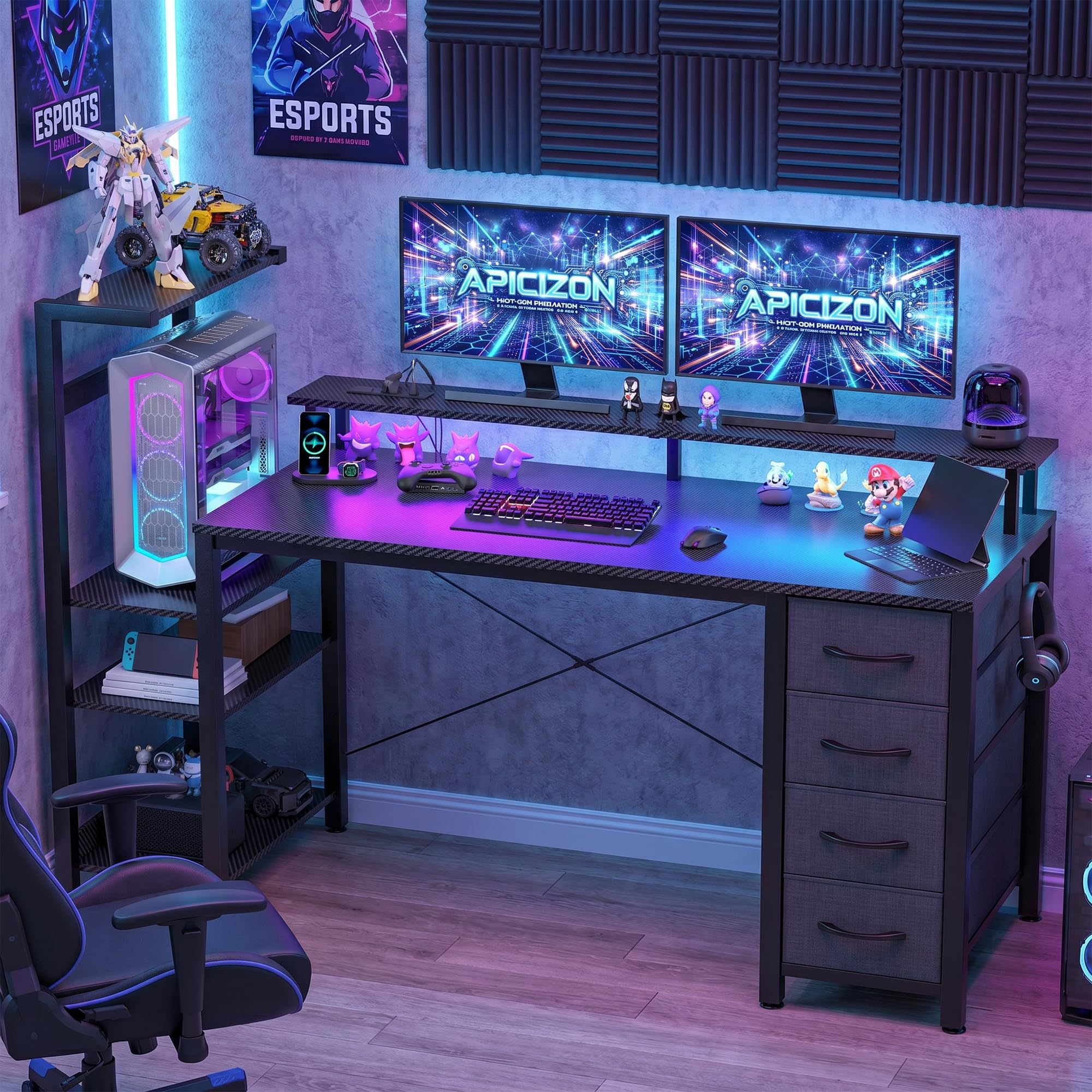APICIZON Gaming Schreibtisch 150cm mit Bucherschrank - Umkehrbarer Computertisch mit RGB LED-Beleuchtung, 2 USB-Anschlüssen, Kopfhorerhalter & Becherhalter, Carbon-Optik Schwarz