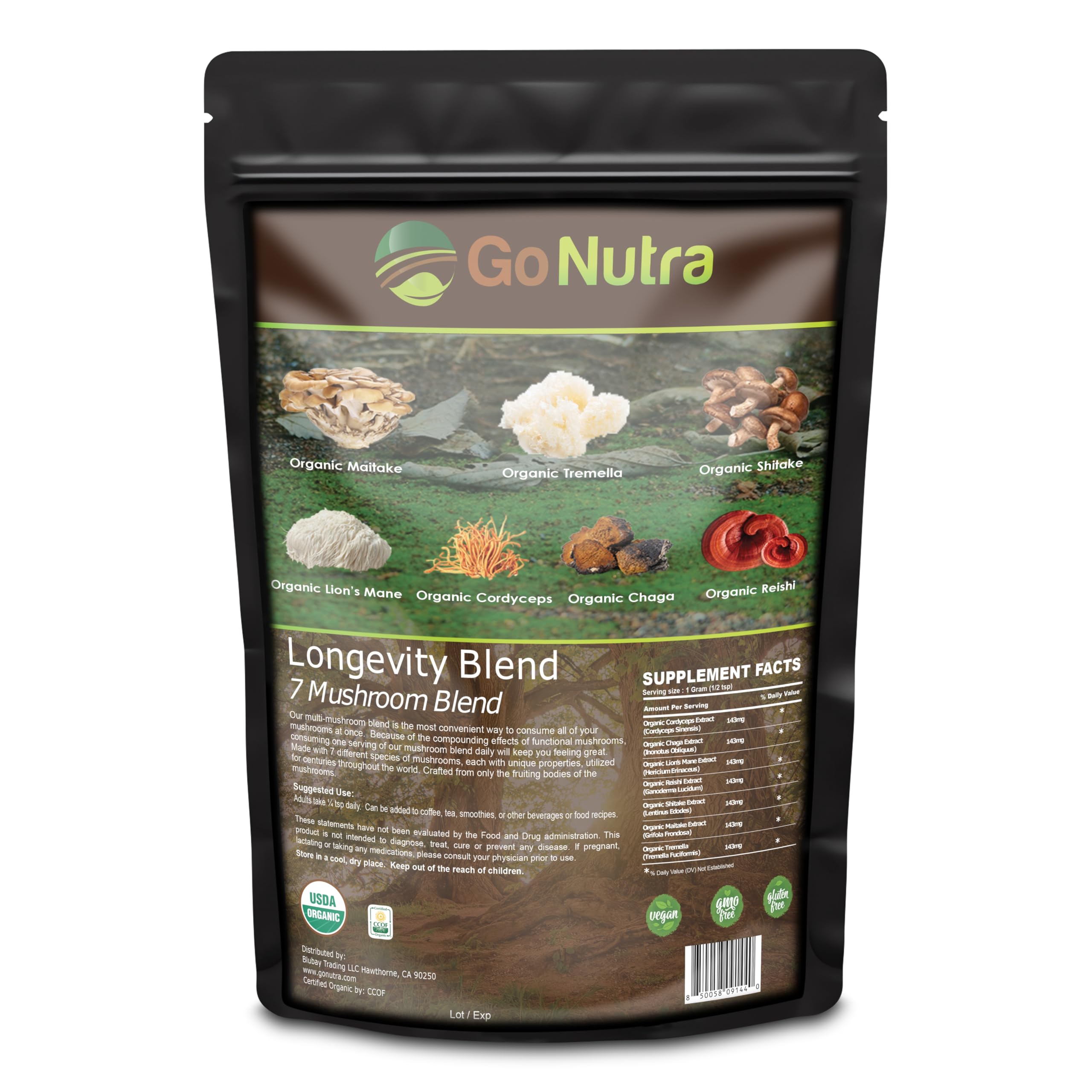 Go Nutra - Organic 7 Mushroom Supplement, Longevity Mushroom Powder with Lion’s Mane, Chaga, Shiitake, Maitake, Reishi, Tremella, and Cordyceps Mushroom, Non-GMO, Gluten-Free, Vegan, 4 oz