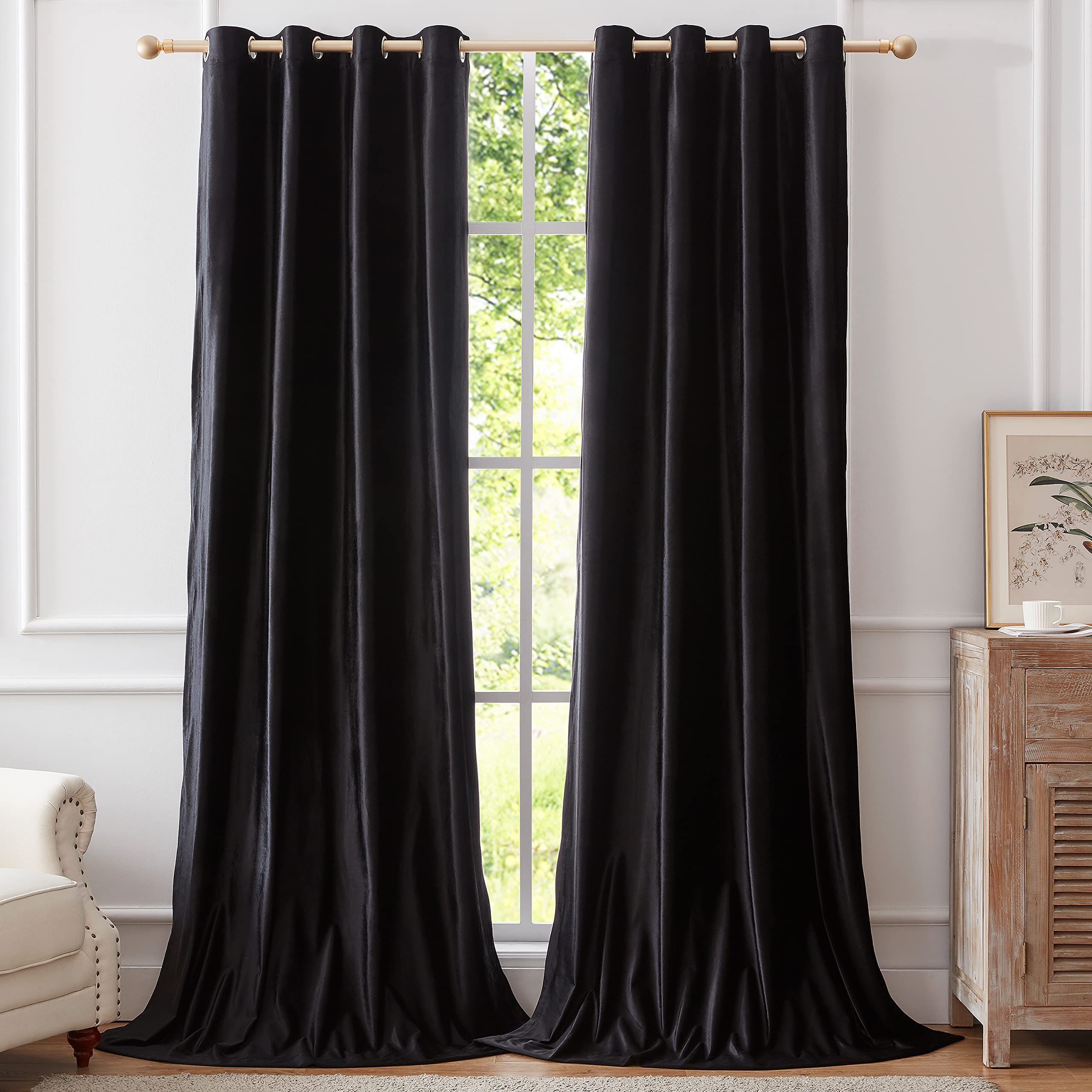 Black Curtains 84 inch Length- Living Room Velvet Blackout Window Drapes Curtains Thermal Insulated Room Darkening Decor Grommet Curtains for Bedroom Set of 2 Panels