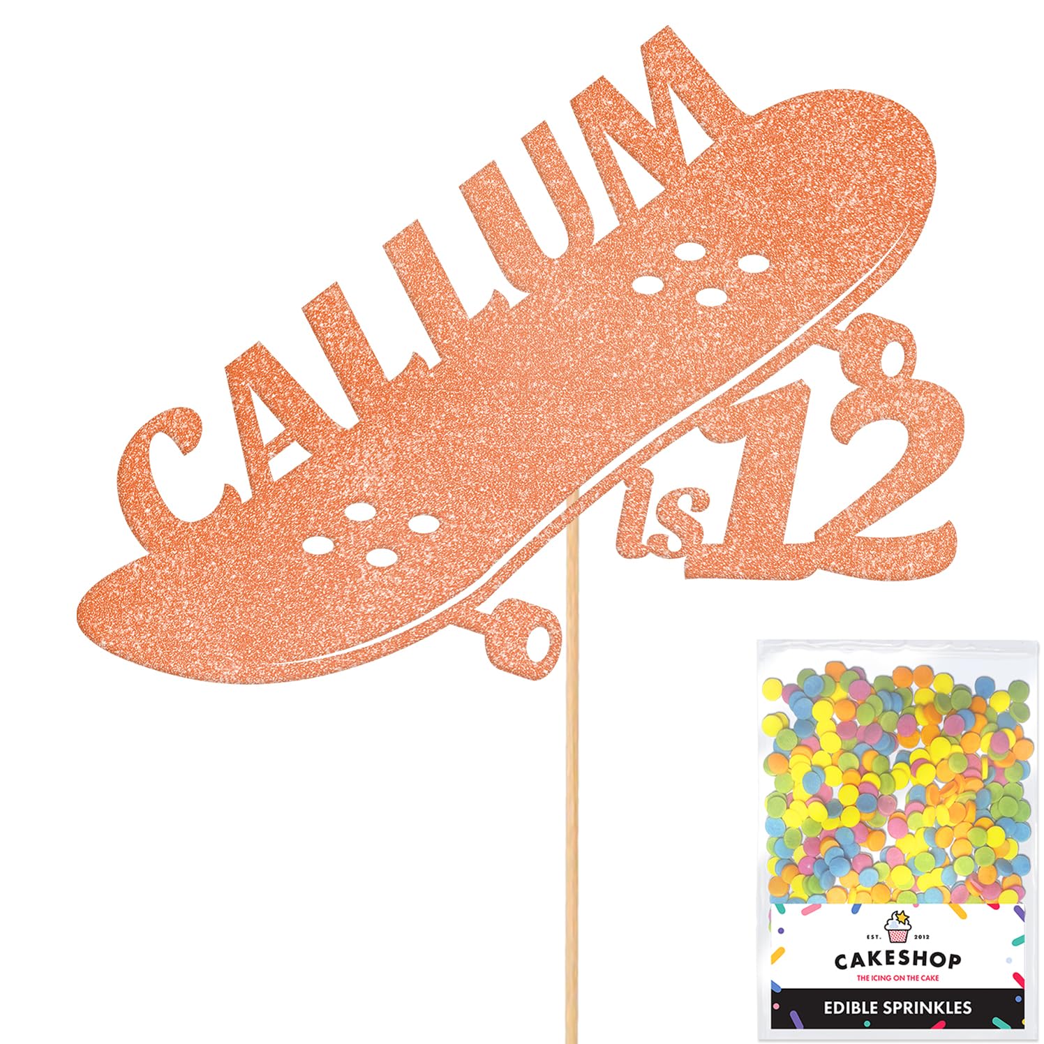 Personalised Skateboard Skater Glitter Cake Topper- Rose Gold Any Custom Age & Name Glitter Cake Decoration and Sprinkles - Happy Birthday Decorations - Personalised Toppers for Cakes by Cakeshop — image 1
