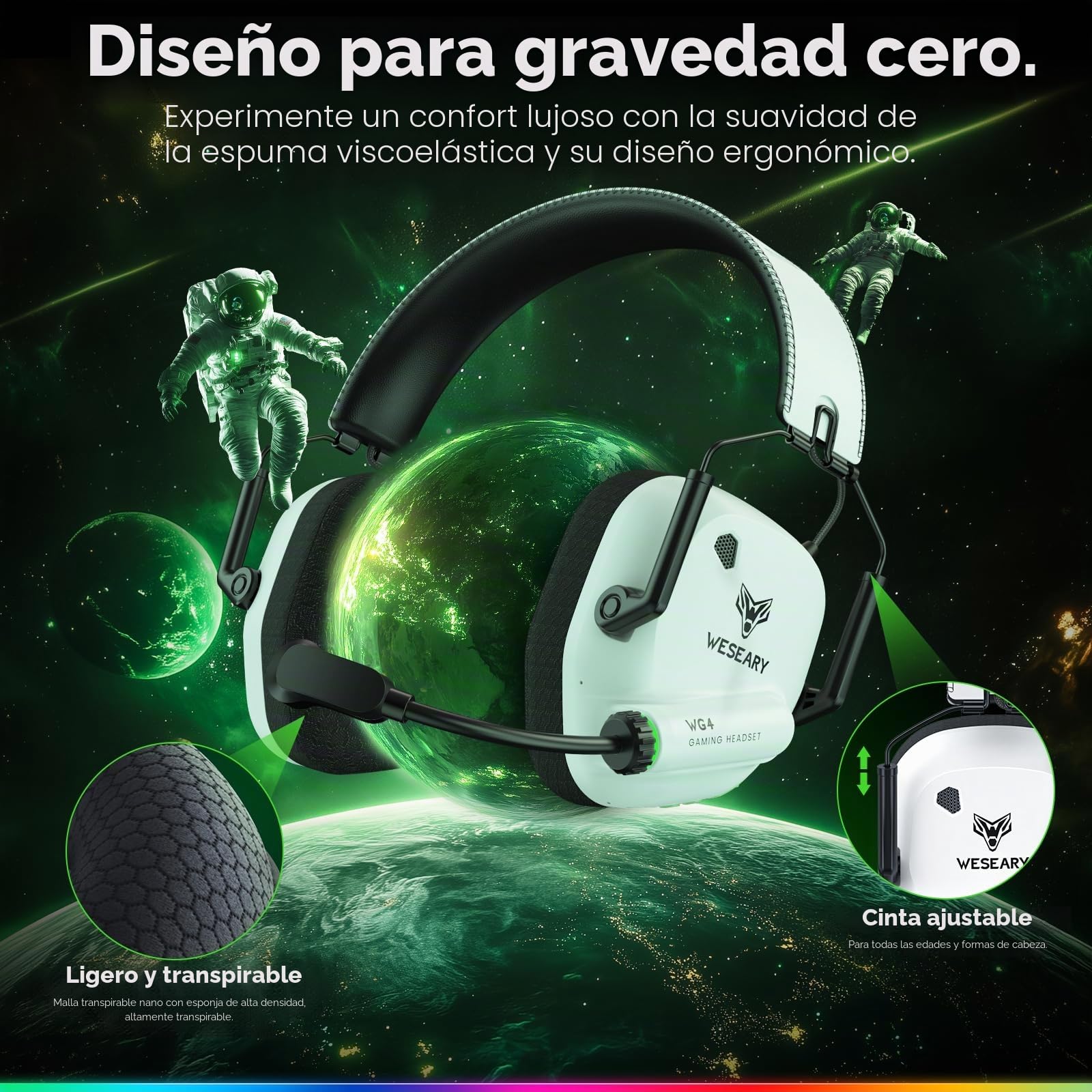 WESEARY WG4 Cascos Gaming Inalambricos, Auriculares Gaming de 2.4G para PS5, PS4, PC, Switch, Mobile, Sonido Estéreo Auriculares con Microfono, Duración 45Hr+