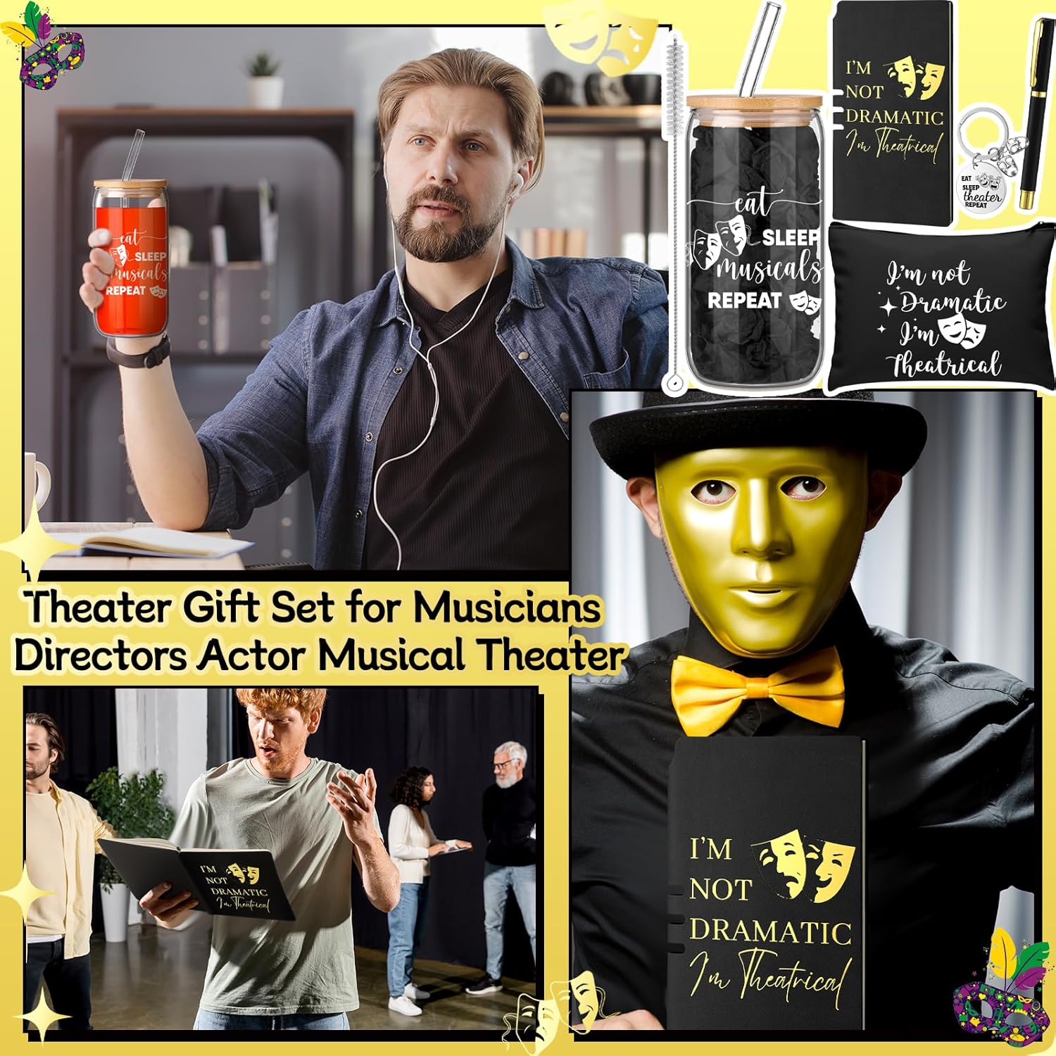 CHENGU 5 Pcs Theatre Gift for Women Men Christmas Broadway Gifts Musical Theater Lover Gift for Theater Actor Teacher Include 16 oz Glass Cup Leather Notebook Ballpoint Pen Keychain Make Bag(Black) - Image 7