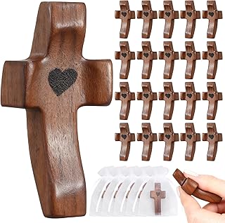 OrbitShell 30Pcs Wooden Cross Fidget with Organza Bags Cross My Heart/Encouragement Gift Handcrafted Walnut Pocket Cross Handheld Prayer Stress Relief Christian Faith Gifts Religious Easter Day Gifts