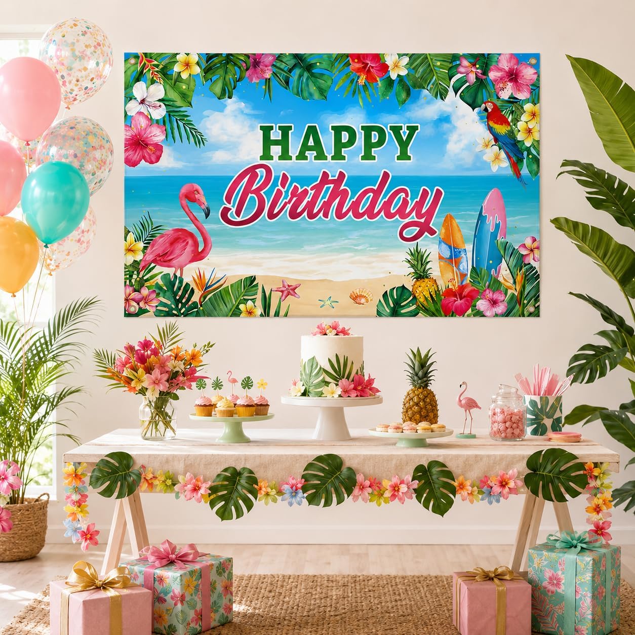 Luau Party Decorations Hawaiian Party Decorations Hawaiian Birthday Party Banner Decorations Tropical Flamingo Beach Summer Banner Large 71" X 43" Luau Birthday Banner Backdrop image 5