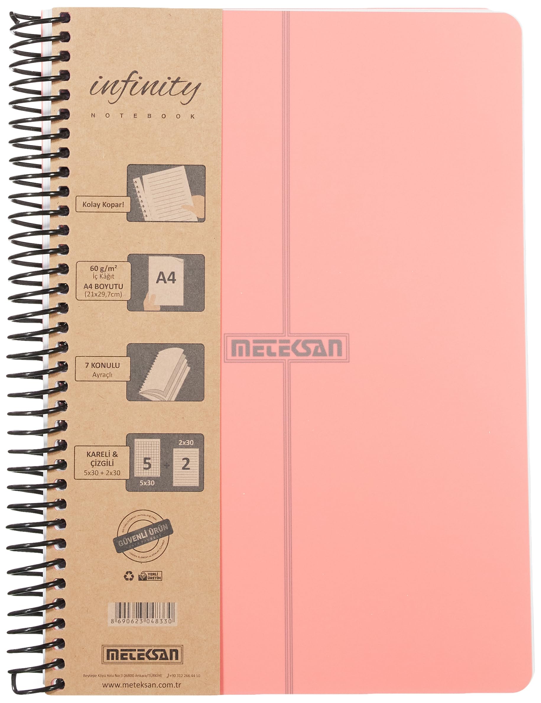 Meteksan Infinity Pastel Serisi, A4, 7 Konulu (5 Kareli, 2 Çizgili) 210 Yaprak PP Kapaklı Spiralli Defter, Pembe