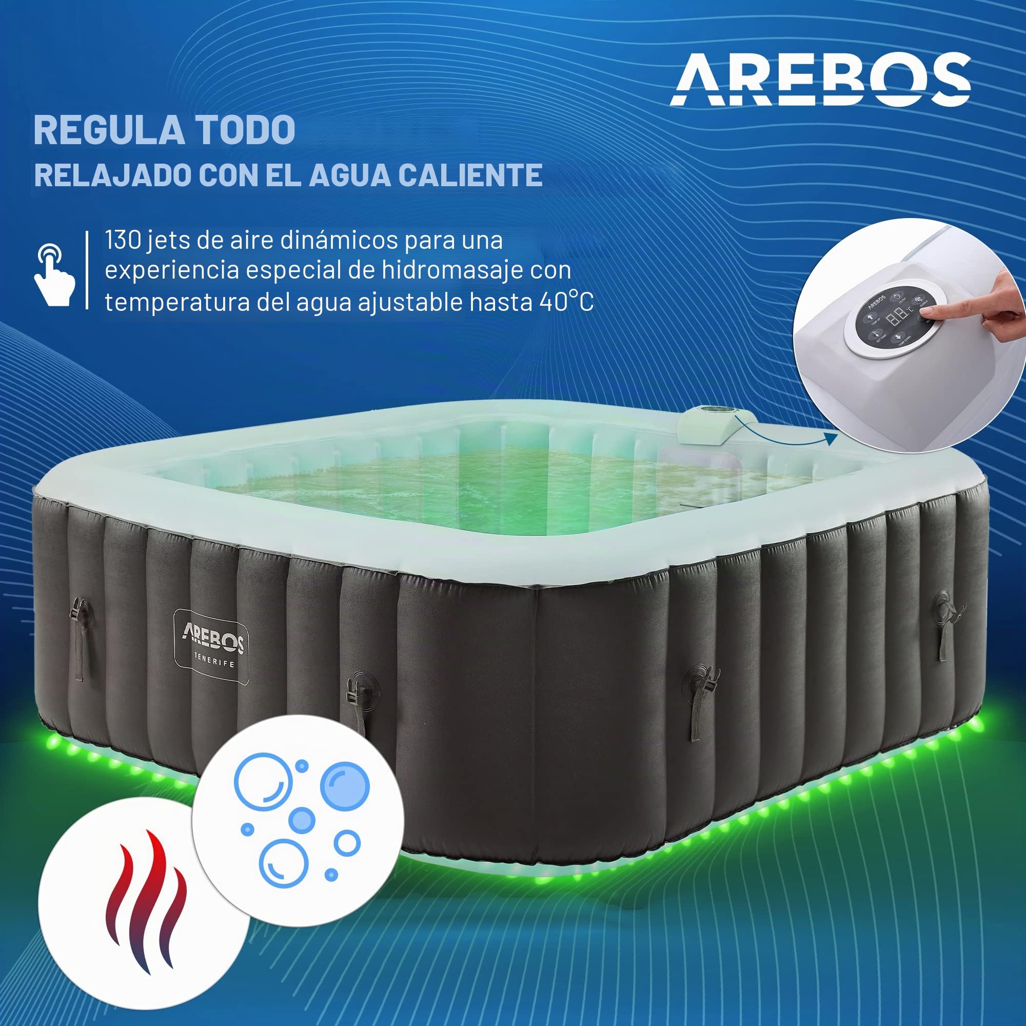 Arebos SPA Hinchable Whirlpool | Bañera de hidromasaje | 185x185cm | para 6 Personas | Banda Luminosa LED | 130 chorros de Masaje | 910 litros | Incluye Cubierta | Masaje de Burbujas y Bienestar