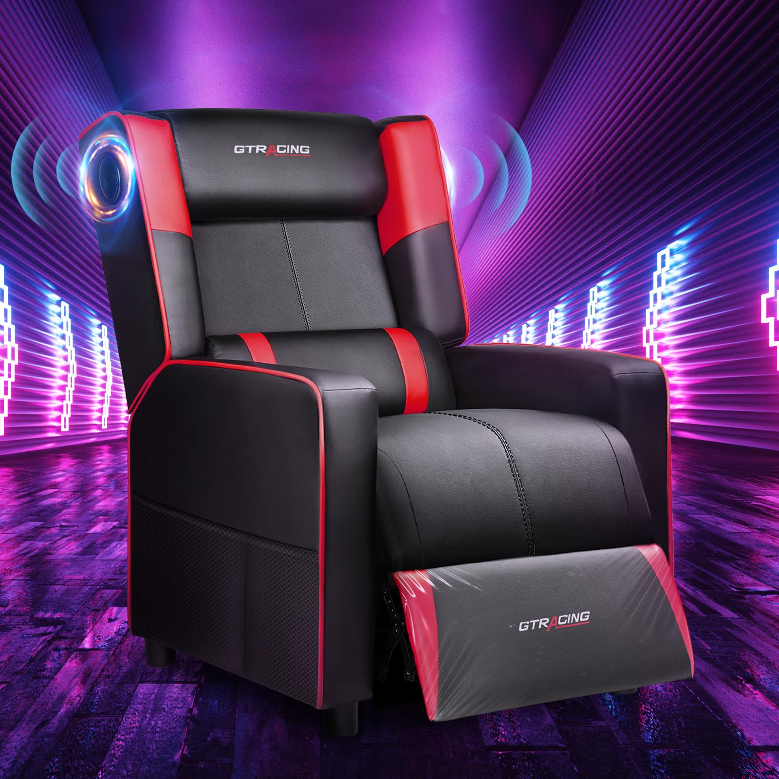 GTRACING Gaming Recliner Chair with Bluetooth Speakers Racing Style Single Gaming Sofa Modern Living Room Recliners Ergonomic Comfortable Massage Home Theater Seating, Red