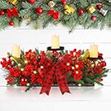 Christmas Centerpiece with 3 Candle Holders 3 LED Candles 1 String Lights Xmas Triple Candelabrum Poinsettia Red Buffalo Plaid Bow Berry Pine Cones with 3 Candle Holders for Tables Home Decorations