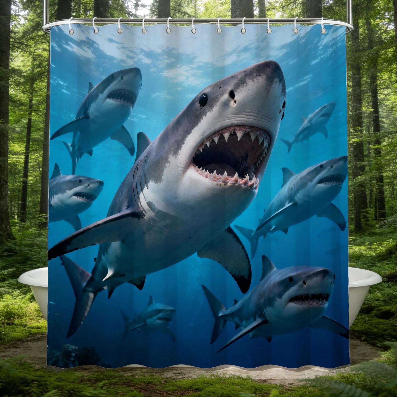 Hongduo 3D Shark Illustration Shower Curtain for Stalls Bathtubs Ocean Bathroom Decor Shower Curtain Set Polyester Fabric Waterproof 180x200cm/71X79 Inch with Hooks