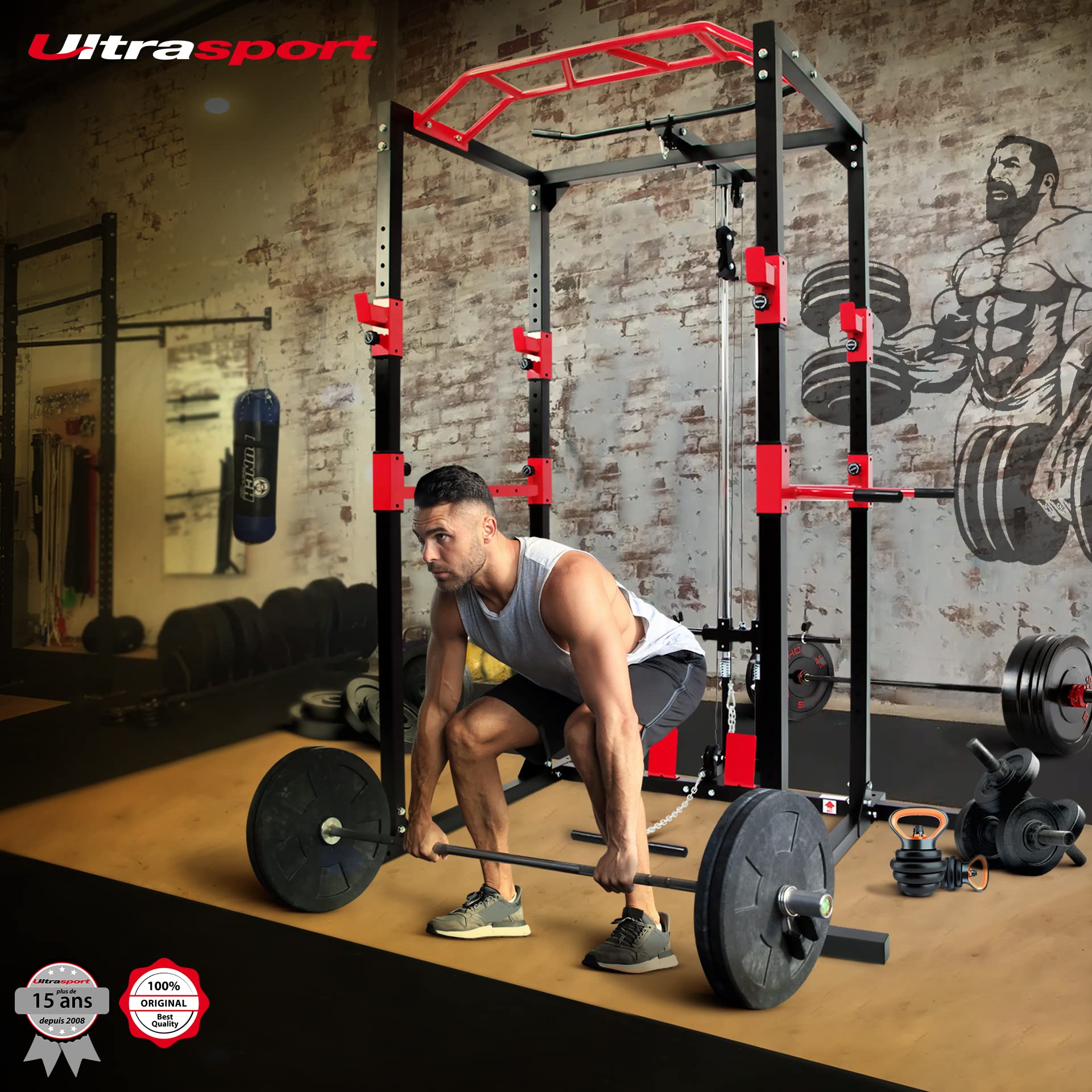 Ultrasport Mixte Banc de Musculation/Cage à Squats en Acier Massif, avec 2 Barres de Sécurité, Barre de Traction, Barre de Dips, Rameur - Noir/Rouge, 145.5 x 141 x 213.5 cm