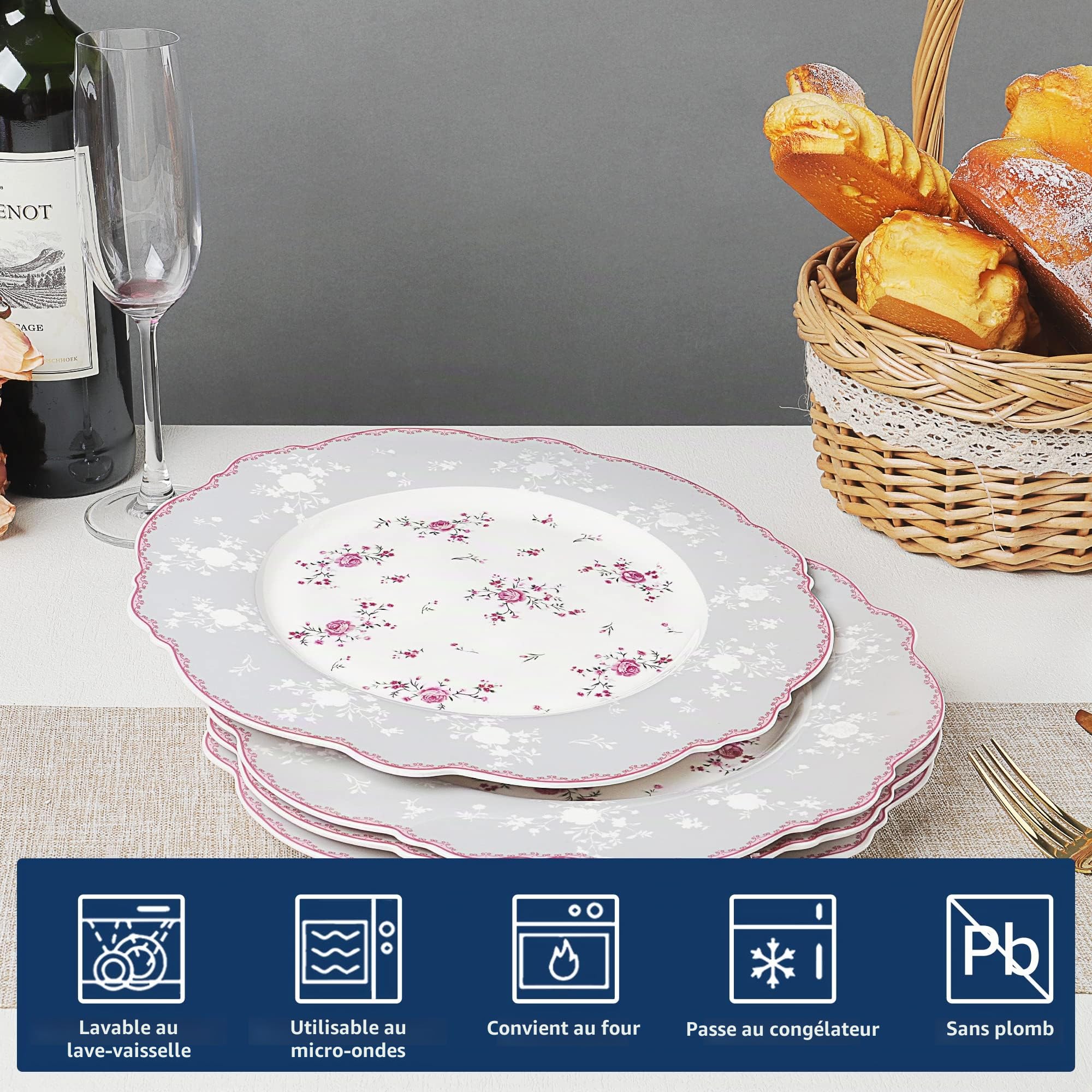 fanquare 27.5cm Assiettes Plates en Porcelaine, Grand Assiette Blanche Rose, Vintage Service de Table pour 4 Personnes