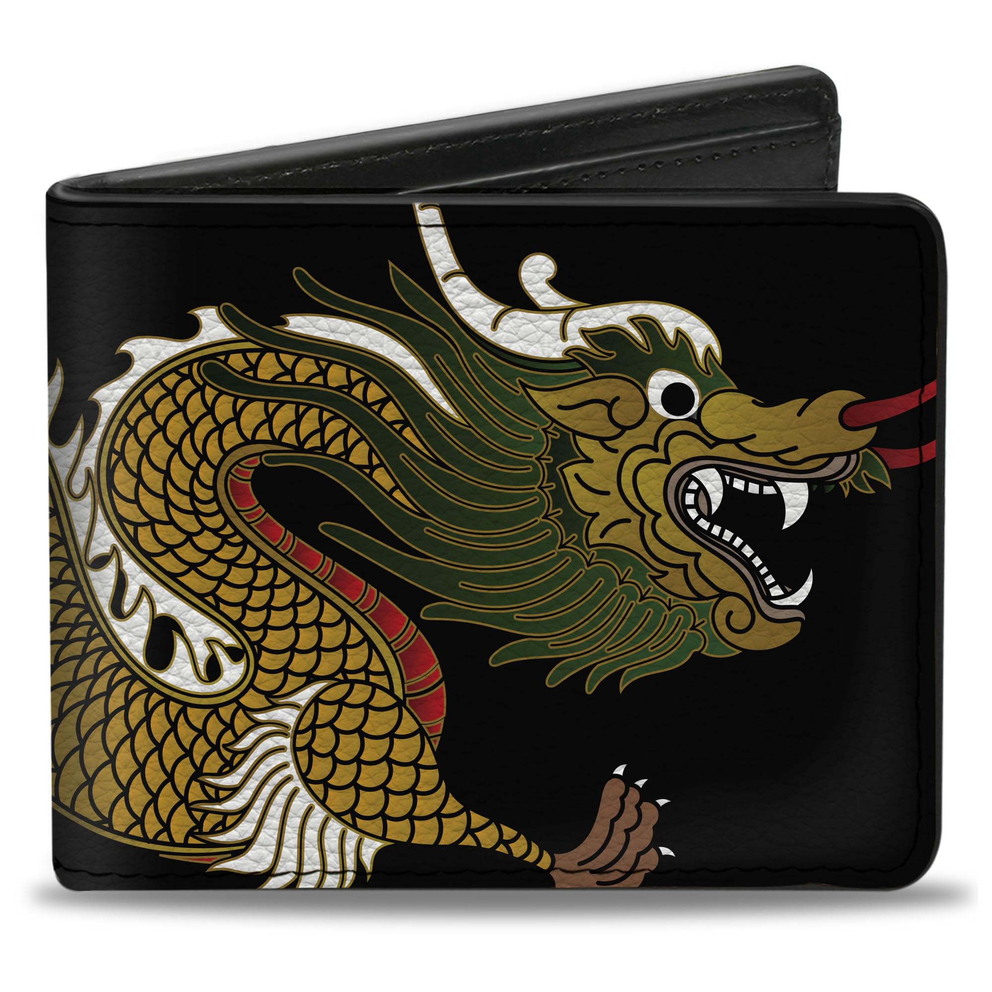 Buckle-Down Men's Wallet, Bifold, Dragon Close Up Black Golds White Green, Vegan Leather, 4.0