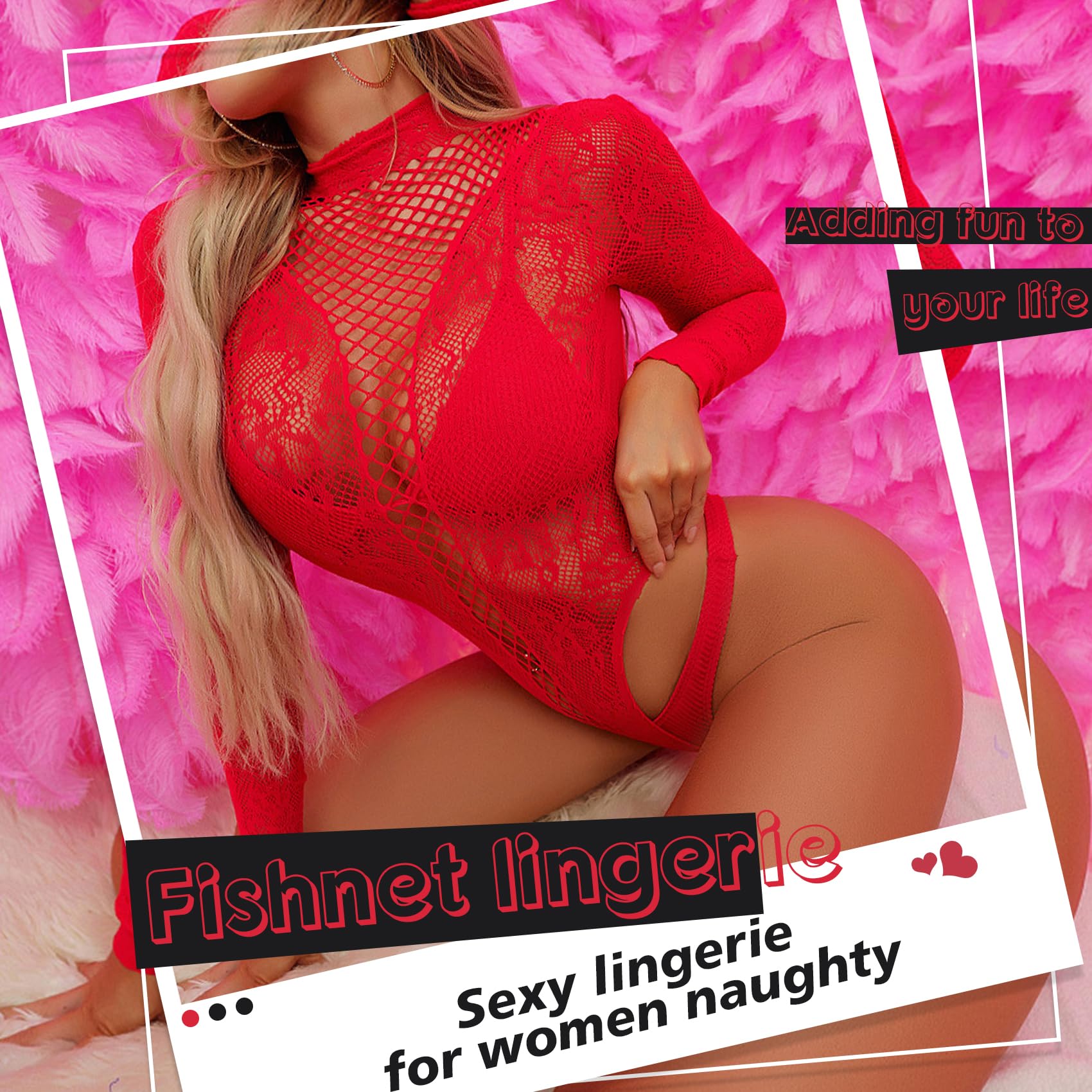 Famstar Sexy Lingerie for Women Naughty Fishnet Lingerie Set Bodysuit Outfits Teddy Sheer Mesh Erotic: One Size Red