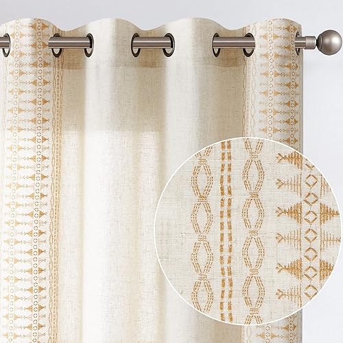 Lazzzy Linen Curtains Bordered Boho Curtains Embroidered Drapes Light Filtering Privacy Window Treatment Set for Living Room Bedroom Grommet Top 2 Panels 63 Inch Length Yellow on Beige