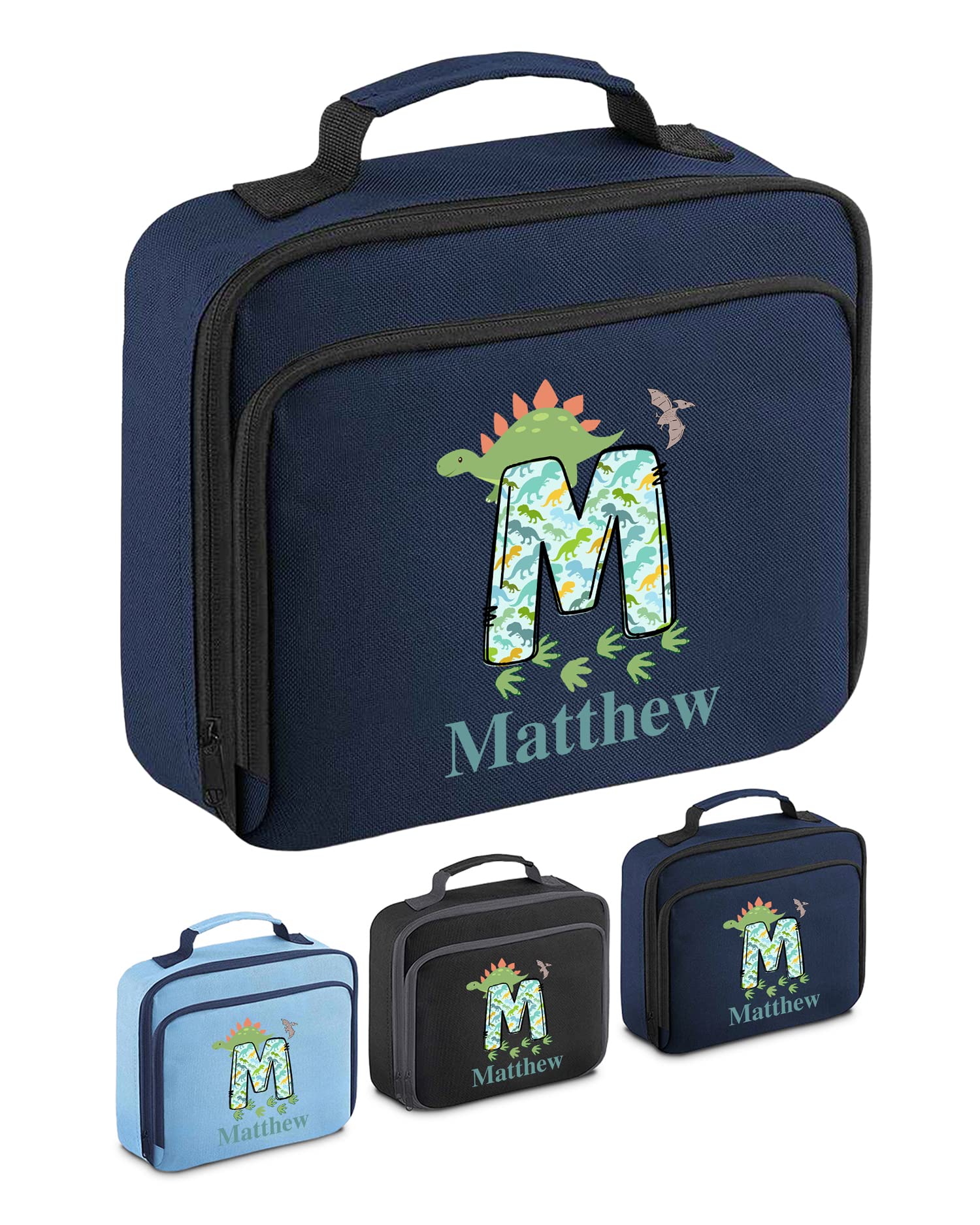 Personalised Lunch Bag Childrens Toddler Personalised Lunch Boxes for Kids Boys Pack Lunch Bag Insulated School Name Dinosaur Lunchbag (Navy)