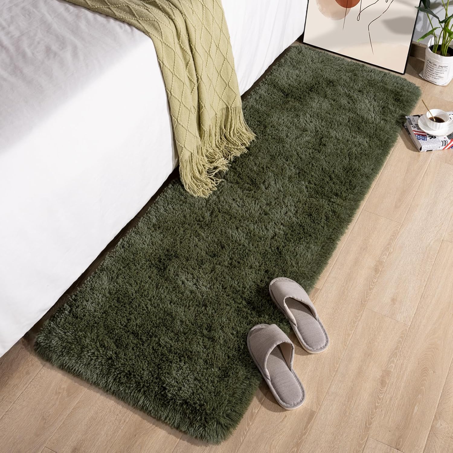 Przemy Fluffy Runner Rug for Bedroom Living Room, 2x6 Feet Olive Green Shag Area Rugs, Soft Fuzzy Carpet for Bedside Nursery Kids Room College Dorm, Plush Throw Rug for Home Decor
