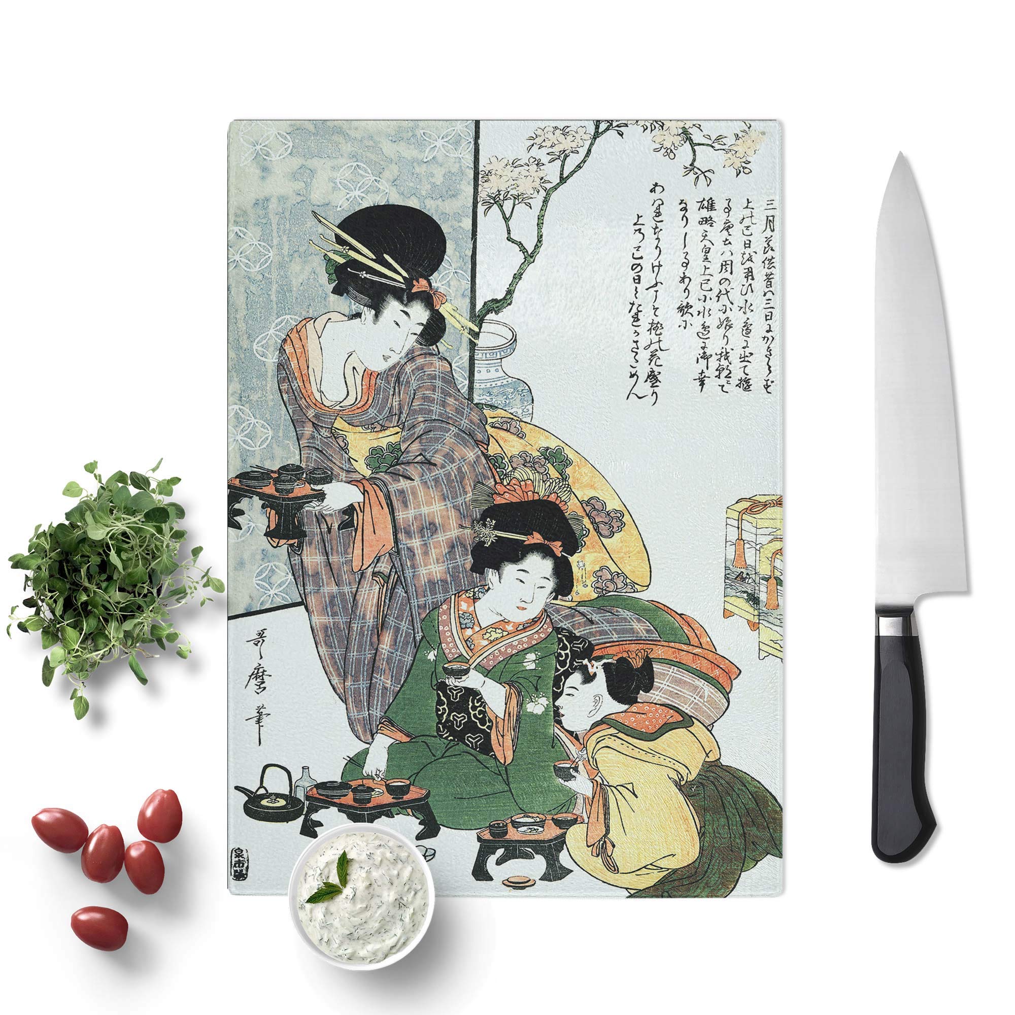 Glass Chopping Board - Women & Children at a Tea Party by Kitagawa Utamaro - Textured Worktop Saver Cutting Board - Heat Resistant, Shatterproof and Hygenic - 28.5 x 20 cm