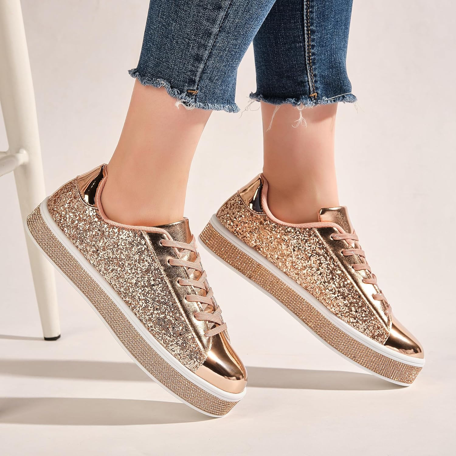 UUBARIS Women's Glitter Tennis Sneakers Neon Dressy Sparkly Sneakers Rhinestone Bling Wedding Bridal Shoes Shiny Sequin Shoes - Image 6