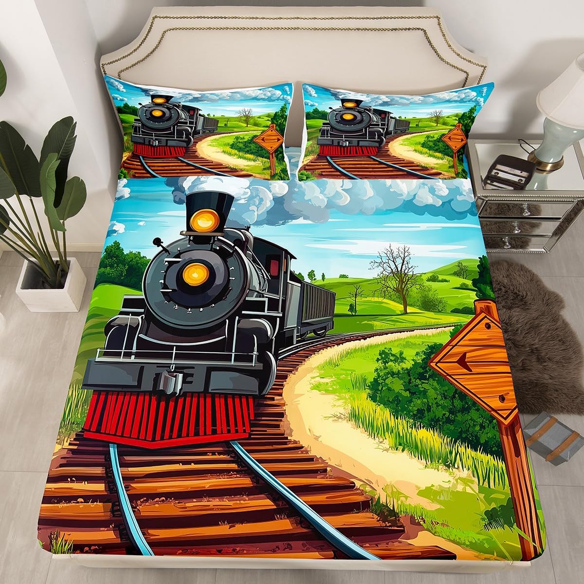 3D Steam Train Fitted Sheet Full Size,Rustic Transport Car Bed Sheets,Retro Steam Engine Sheets for Adults Women Men Room Decor,Travel Locomotive Bed Set,Red Black