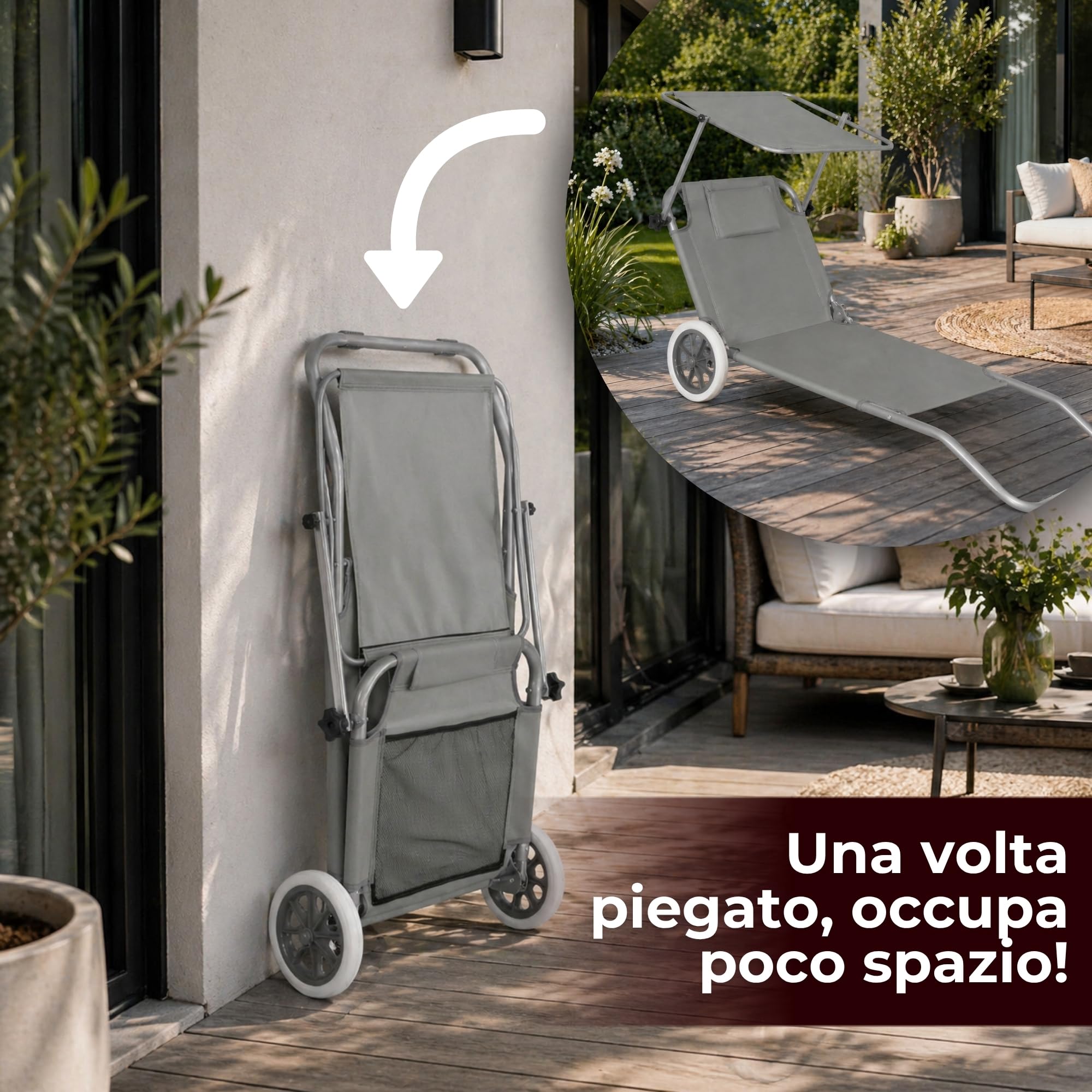 SPRINGOS Lettino prendisole da giardino, con 2 ruote, schienale regolabile in 5 posizioni, poggiatesta, portata fino a 120 kg