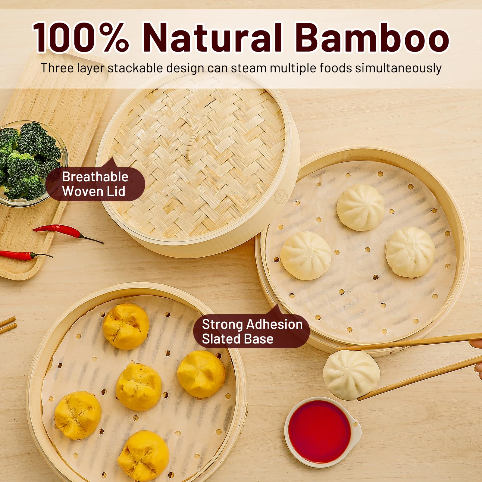 Cesta de vapor de bambú de 3 niveles de 10 pulgadas con 50 papeles de pergamino, para cocina, albóndigas, bollos, Dim Sum