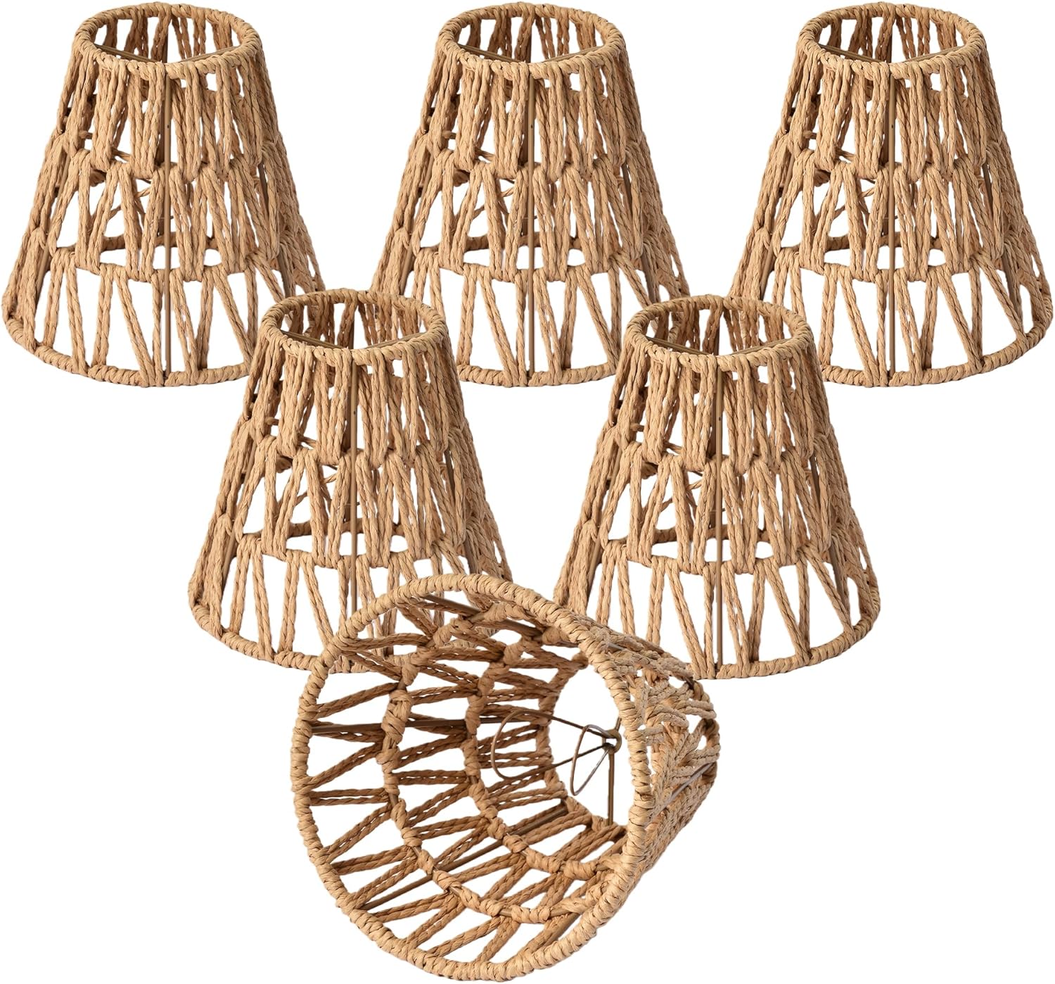 Chandelier Shades Set of 6 Clip-On, Handwoven Rattan Small Empire Lamp Shades 3.1" x 5.9" x 5.7" for E12 Candelabra Bulbs, Natural Hemp Rope Light Covers for Chandeliers, Wall Sconces, Table Lamps
