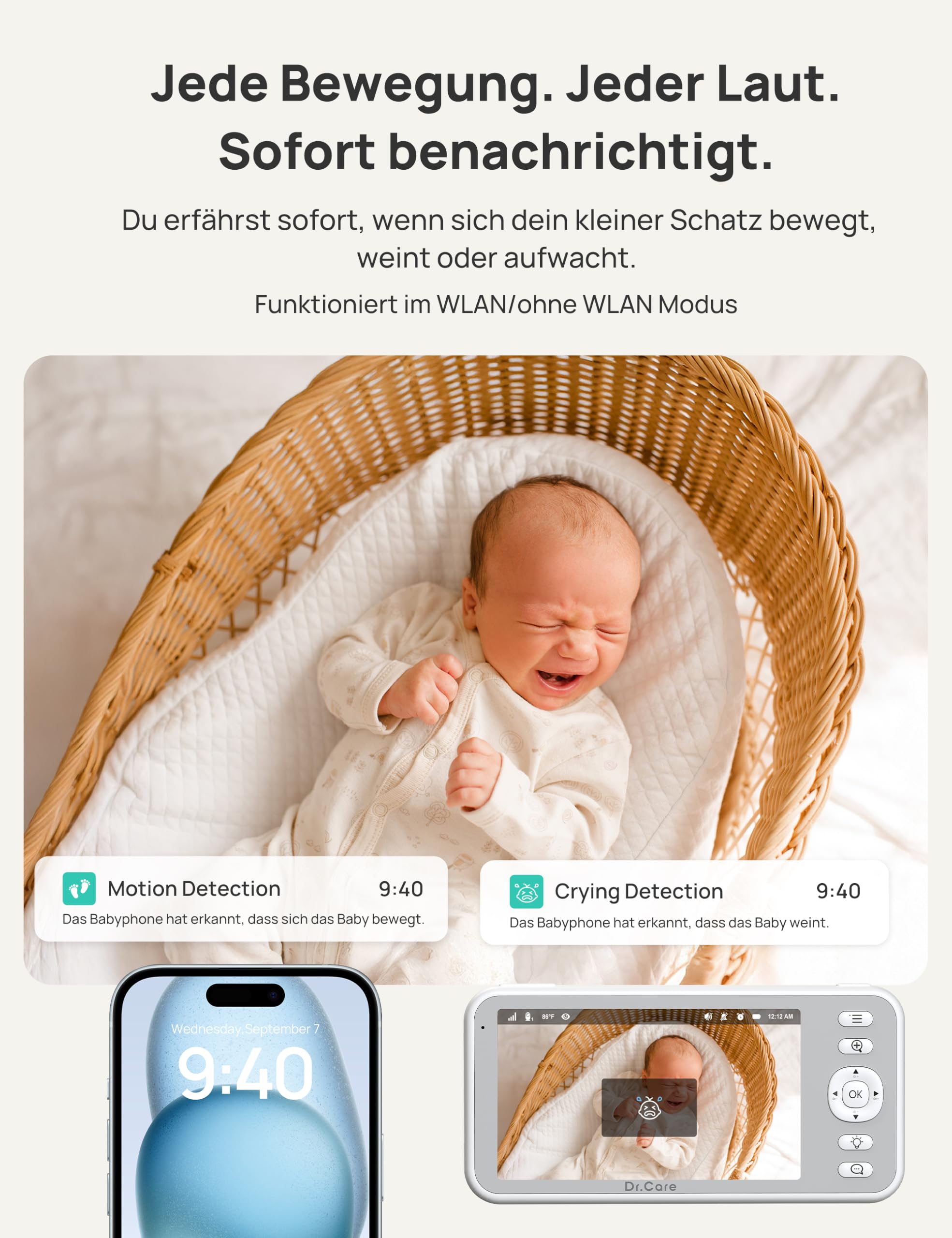 Dr.Care 2K WLAN Babyphone mit Kamera, 5 Zoll, App & Klemmhalterung,360°