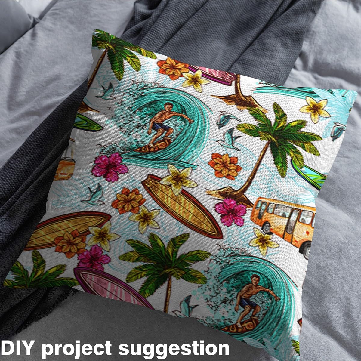 Ocean Surfing Upholstery Fabric by The Yard,Hawaiian Palm Tree Outdoor Fabric by The Yard,Surfer Sea Summer Holiday Decor Fabric for Upholstery and Home DIY Projects,3 Yards,(L276*W150cm) White Teal - Image 4