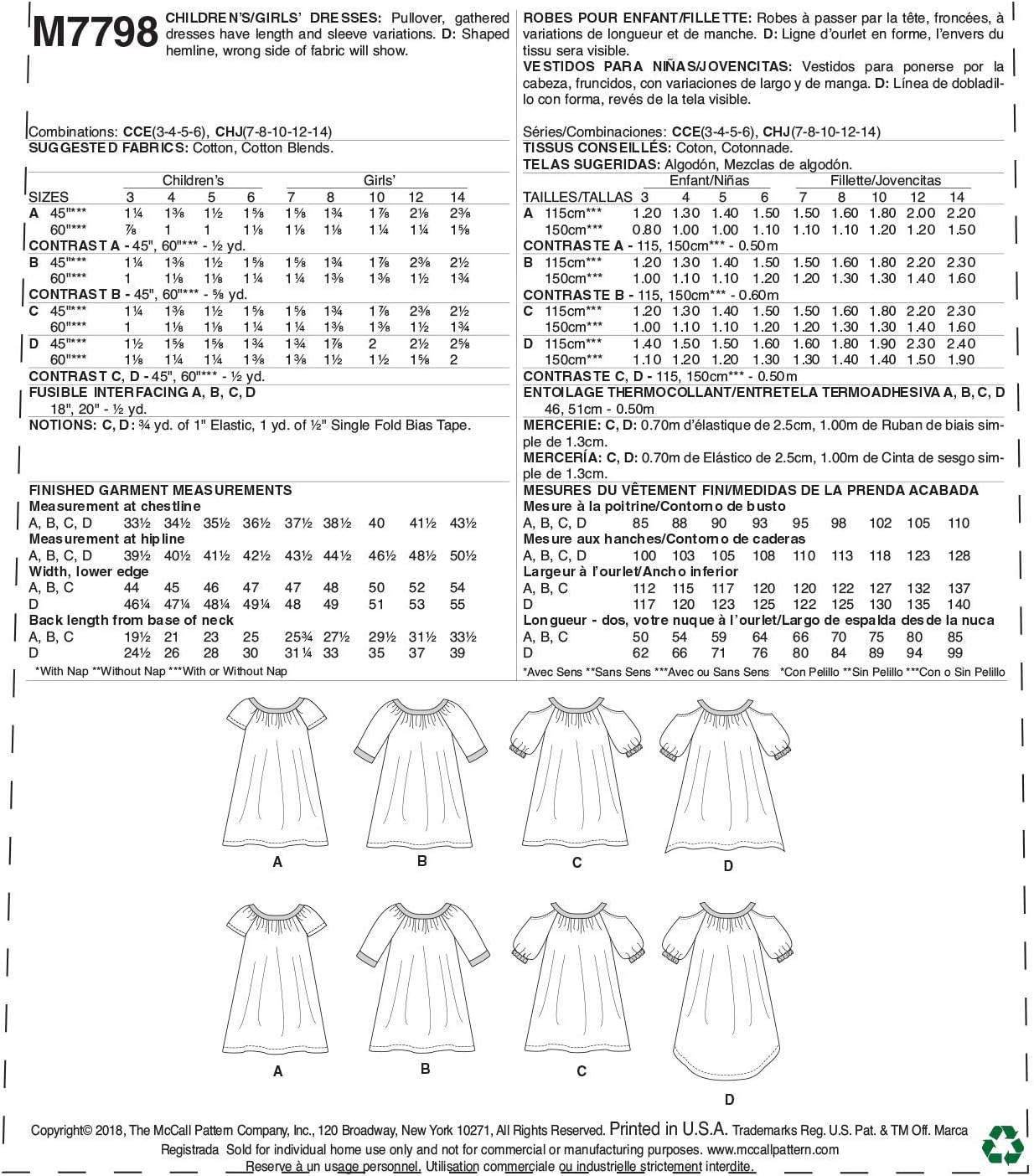 McCall Pattern Company McCall's M7798 Learn Girl's Cold Shoulder and Raglan Sleeve Dress Sewing Patterns, Sizes 7-14, 7-8-10-12-14, White