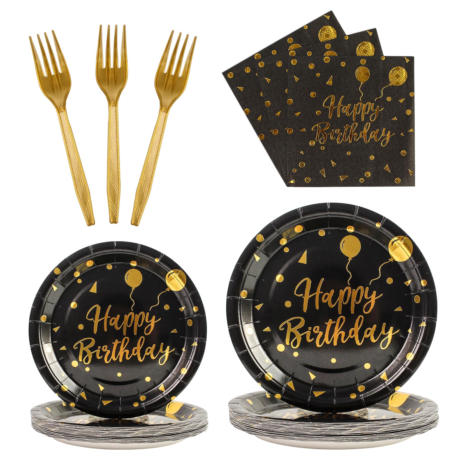 96PCS Happy Birthday Plates and Napkins Party Supplies, Black and Gold Disposable Paper Plates and Napkins with Forks Tableware Set for Birthday Party