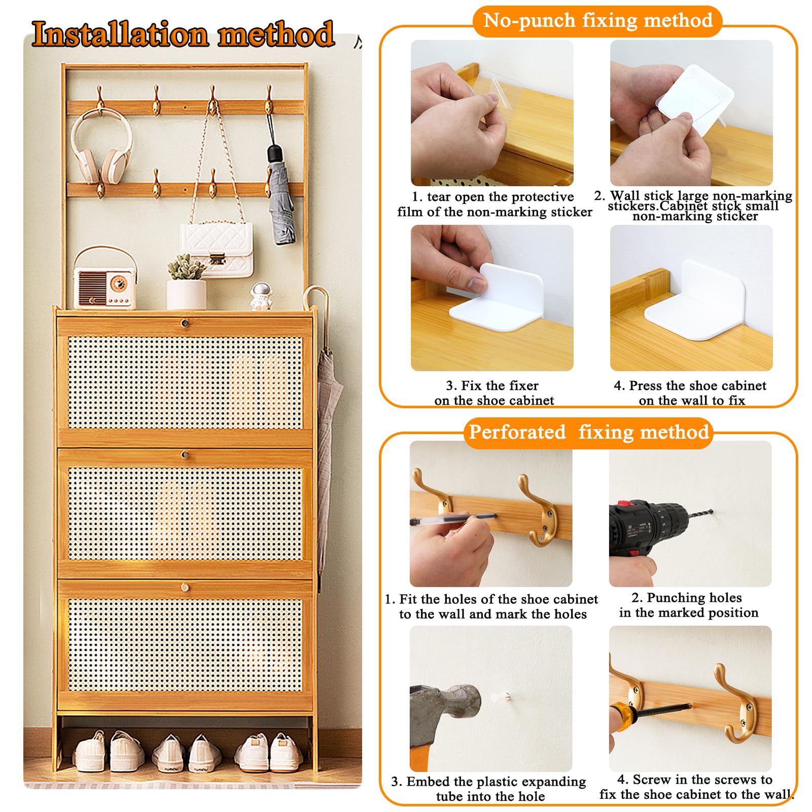 Zapatero con Puertas, Mueble Recibidor Entrada, Zapatero Bambu para 10-30 Pares, Zapatero Entrada Recibidor Nero, Mueble Zapatero De RatáN, para La Entrada O El Pasillo, Ahorro De Espacio