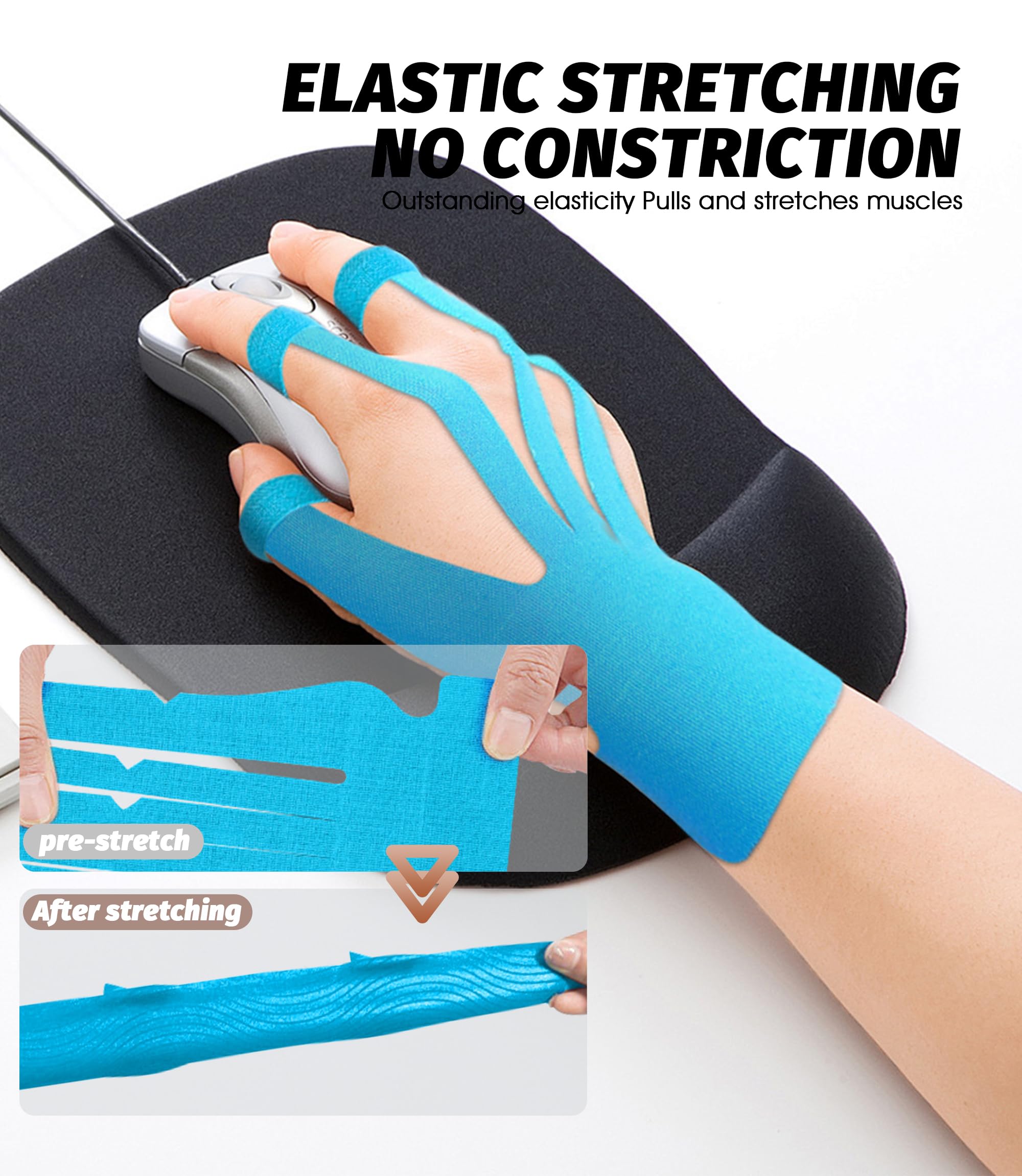 Precut - Nastro kinesiotapes per mano, 10 pezzi kinesiotapes tendinite, delicato sulla pelle con comfort perfetto, impermeabile e elastico, mano destra
