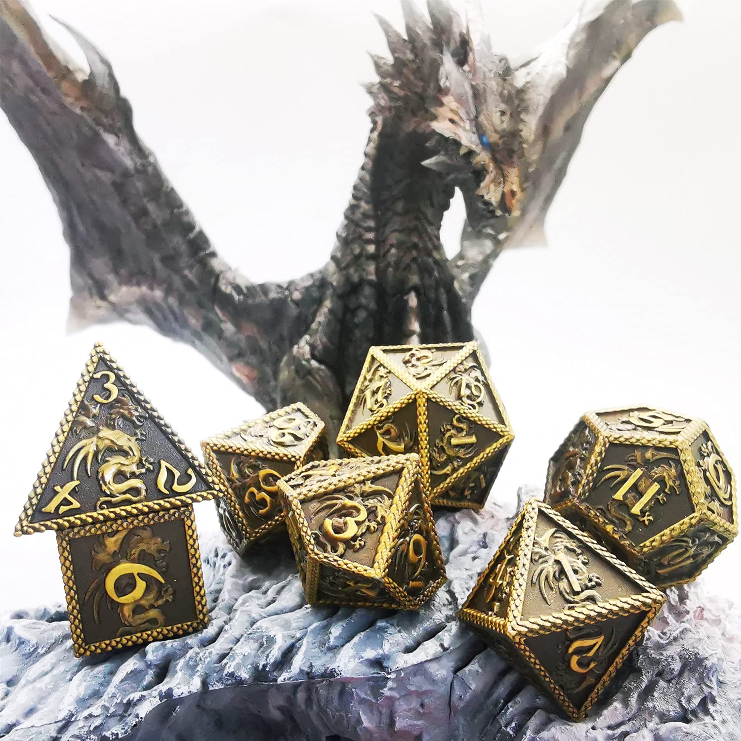 HAOMEJA DND Metal Dice Dragon Set 7 Role Playing Dice D&D Solid Dice Dungeons and Dragons (Ancient Brass)