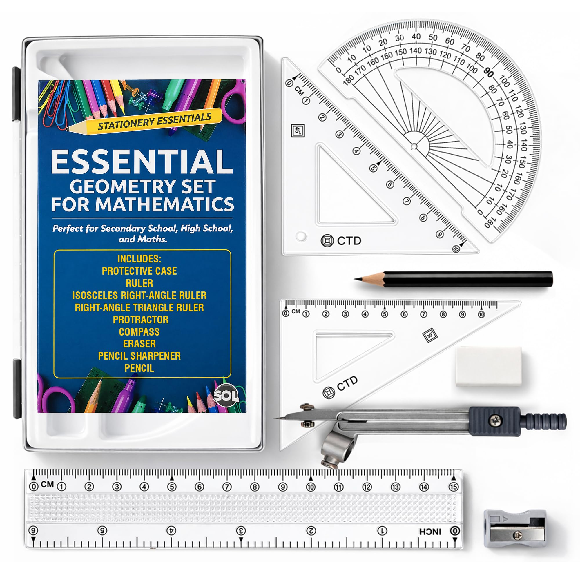 SOL 8pc Geometry Set for Secondary School - Maths Kit with Ruler & Compass