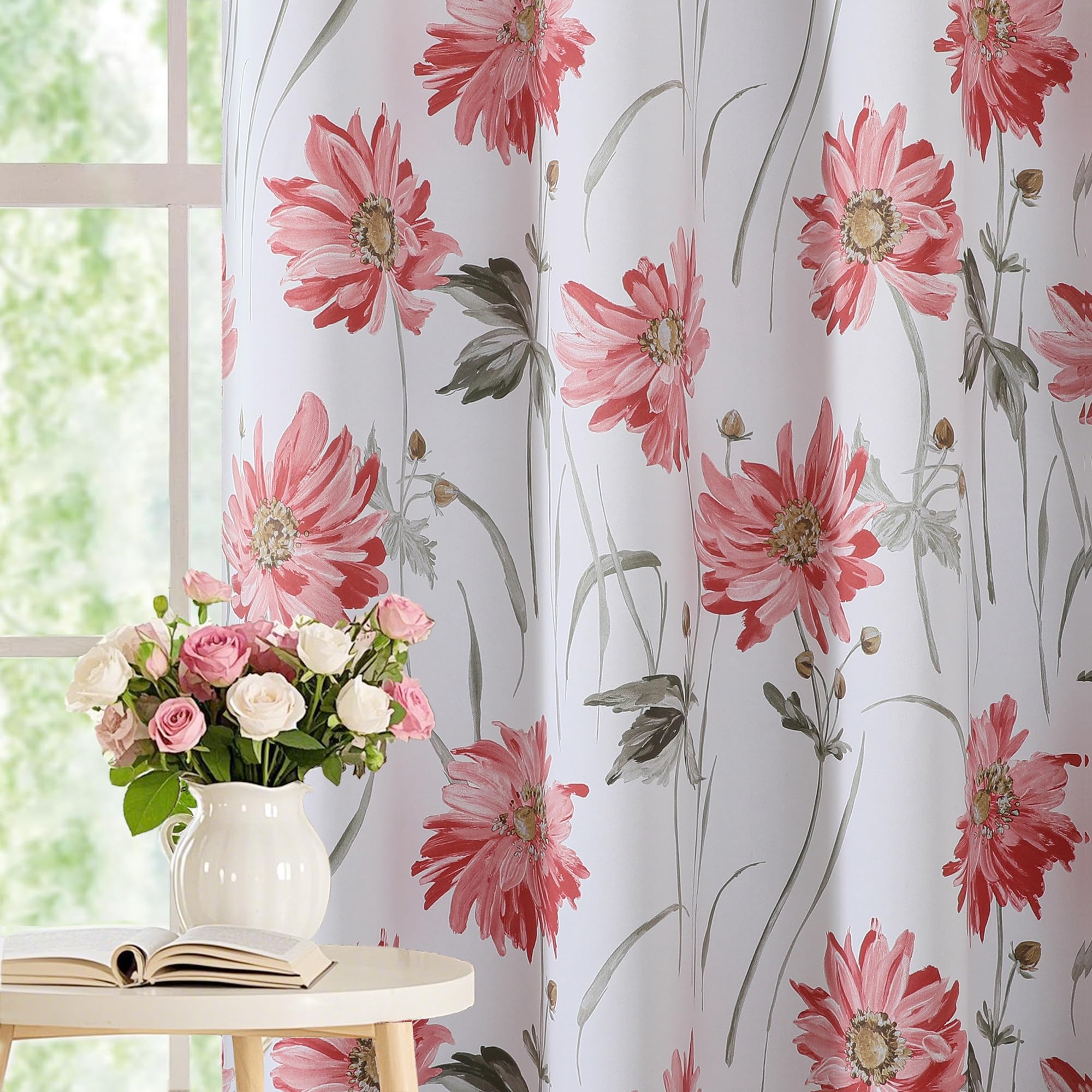 BROSHAN 100% Blackout Floral Curtains 63 inch Length for Bedroom Living Room-Vintage Pink Flower Pattern Curtains 2 Panels Set Light Blocking Thermal