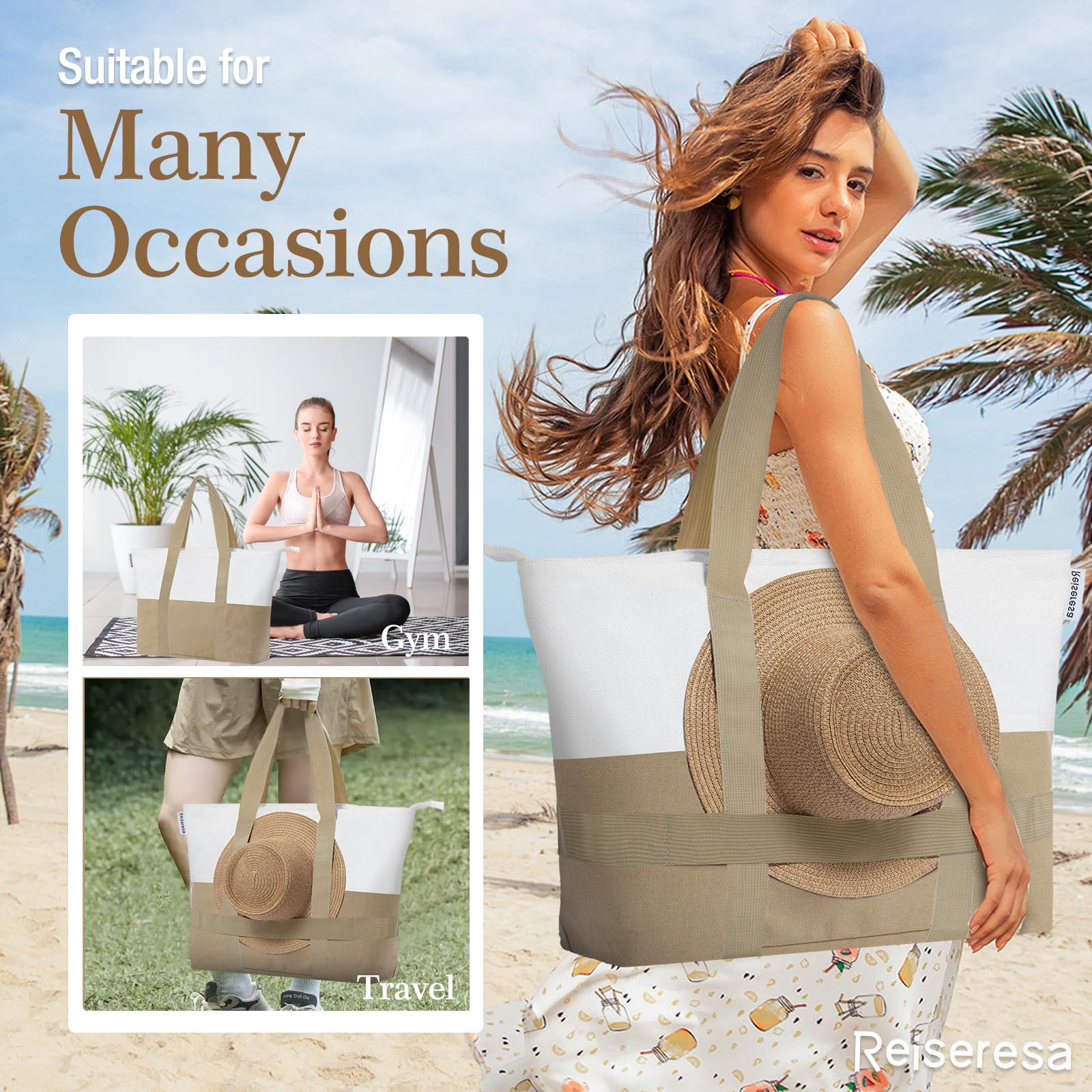 Grand sac de plage pour femme avec fermeture éclair et sangle porte-chapeau, sac de natation imperméable