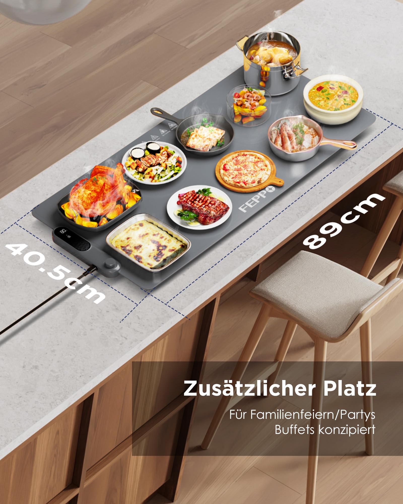 FEPPO Speisen-Wärmematte (XXL 89cm x 40.5cm”), Elektrische Warmhalteplatte für Buffets und Partys, Schnelles Ganzflächen-Heizen für Speisen mit 17-stufig Einstellbarer Temperatur und 6-Stunden-Timer