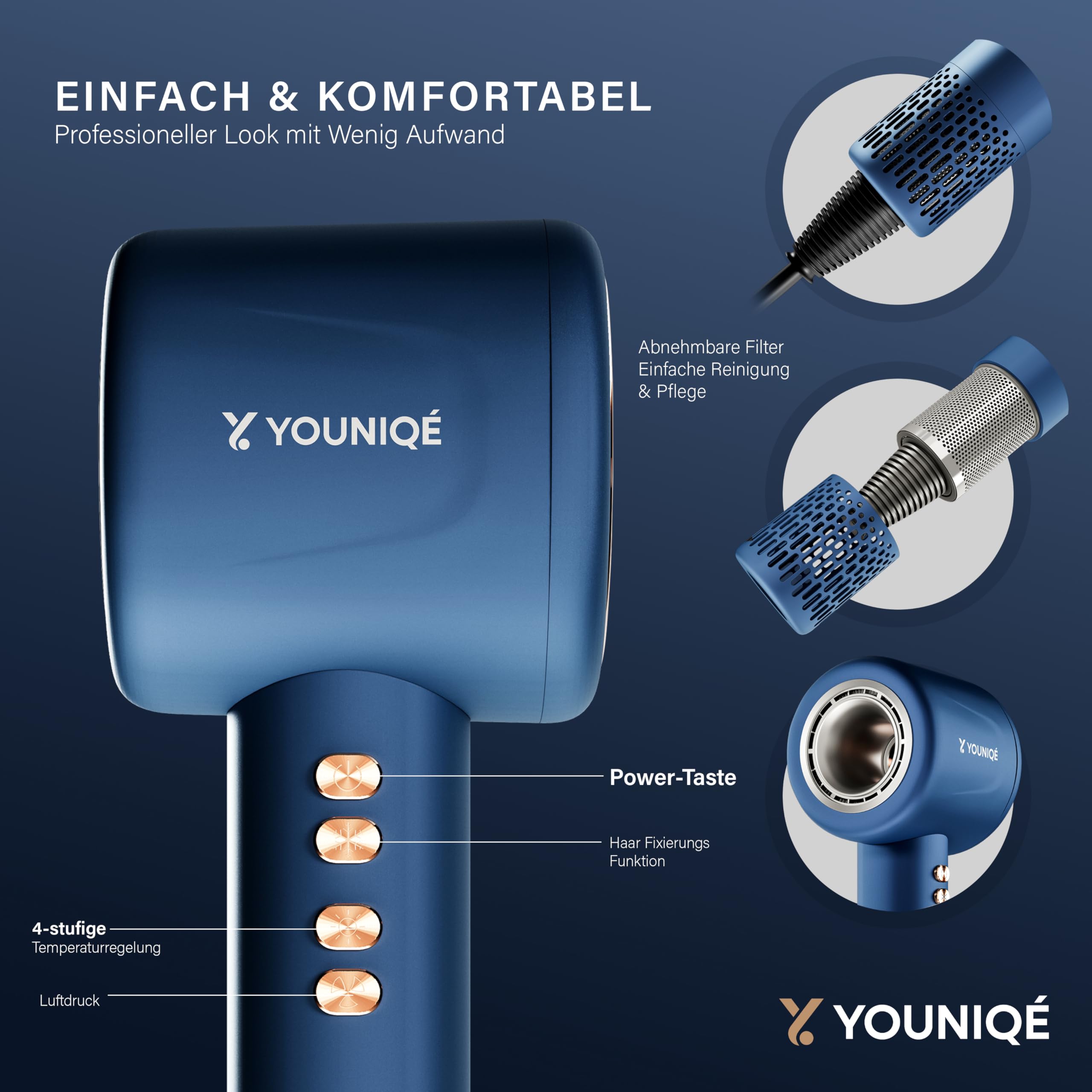 Haartrockner – 5-in-1 Föhn mit Ionen-Technologie, Lockenstab, Glättdüse, Diffusor & Konzentrator – 1600W, LED-Anzeige, 4 Temperaturstufen, Magnetaufsätze – Ergonomisch – Blau/Gold