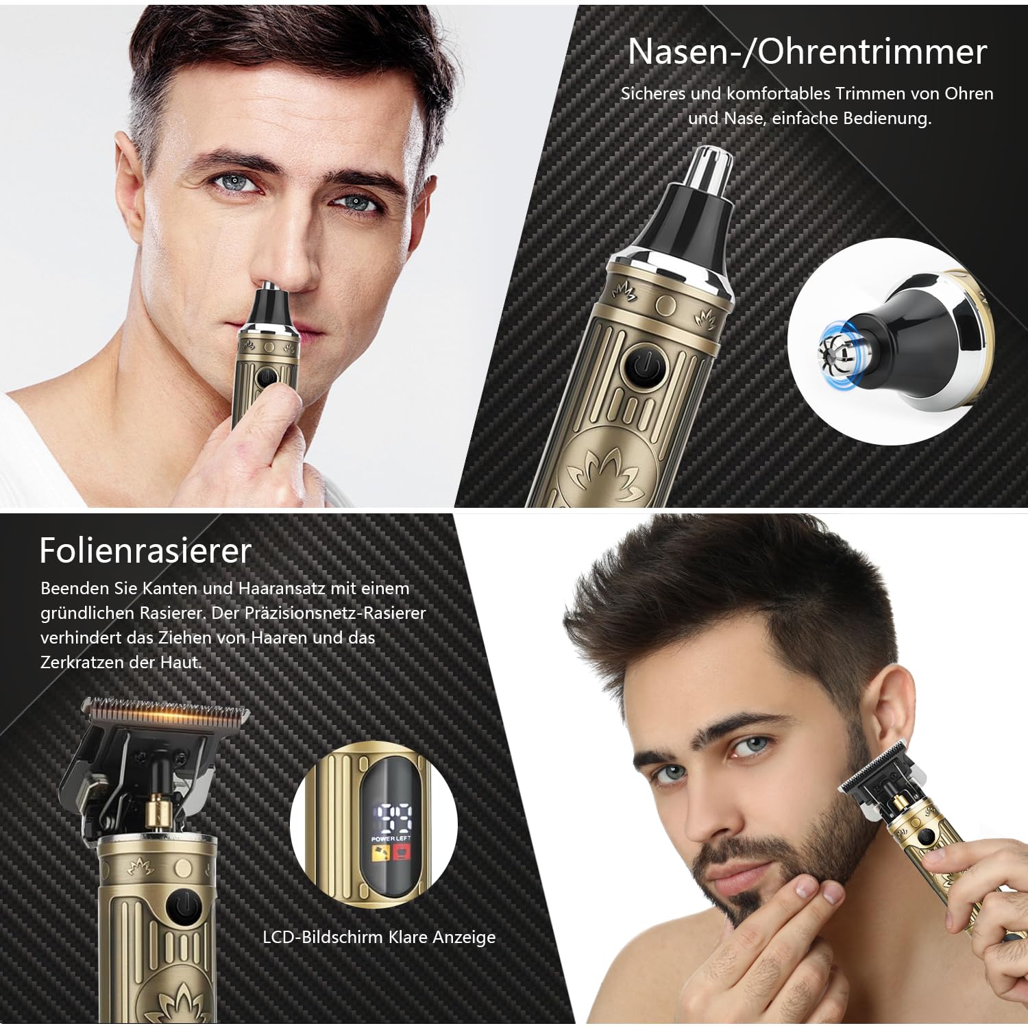 Haarschneidemaschine Profi für Männer, T-Blade-Friseur-Haarschneider und Trimmer-Set, 4-in-1-Akku-Haarschneider für Barbier, Folienrasierer Rasierer，Nasenhaartrimmer，mit LED-Display