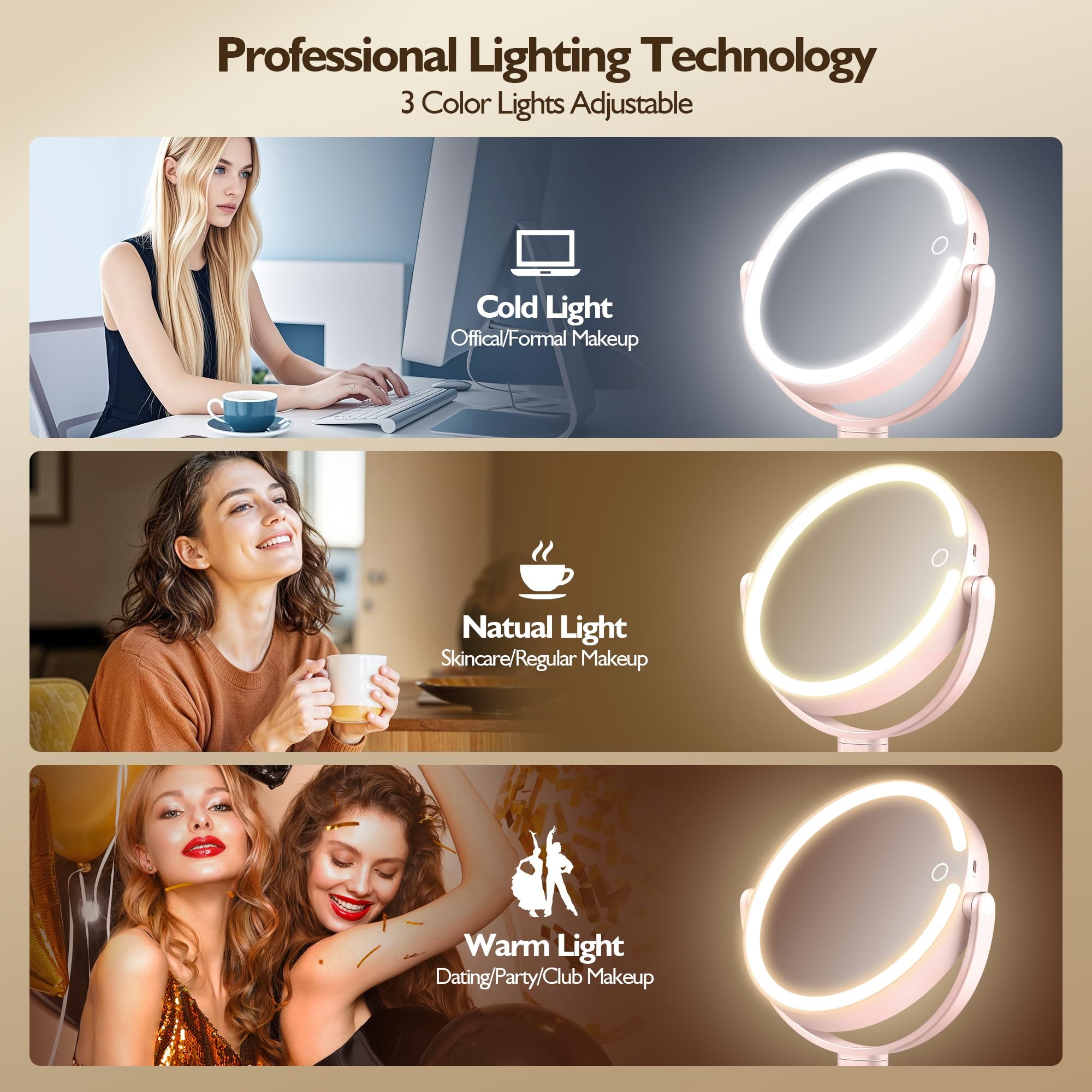 MOMOKUBA Specchio per il trucco con luci, specchio ingranditore a doppia faccia 1x/20x con luce, luci ricaricabili a 3 colori e luminosità regolabile, rotazione a 360° rimovibile (rosa)