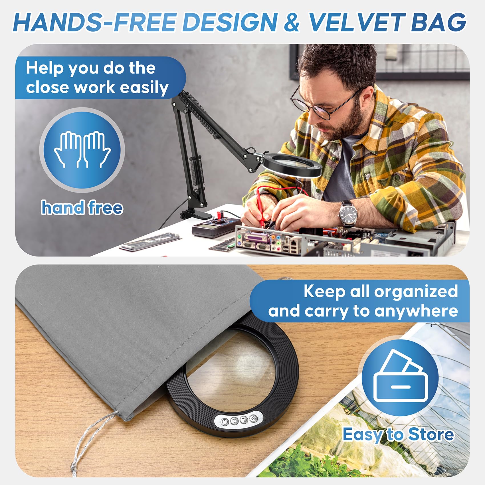 Lupa de 10 aumentos con luz y soporte, lupa portátil con luz, bolsa de terciopelo, 5 modos de color, lámpara LED 2 en 1, lupa para pasatiempos de trabajo cercanos