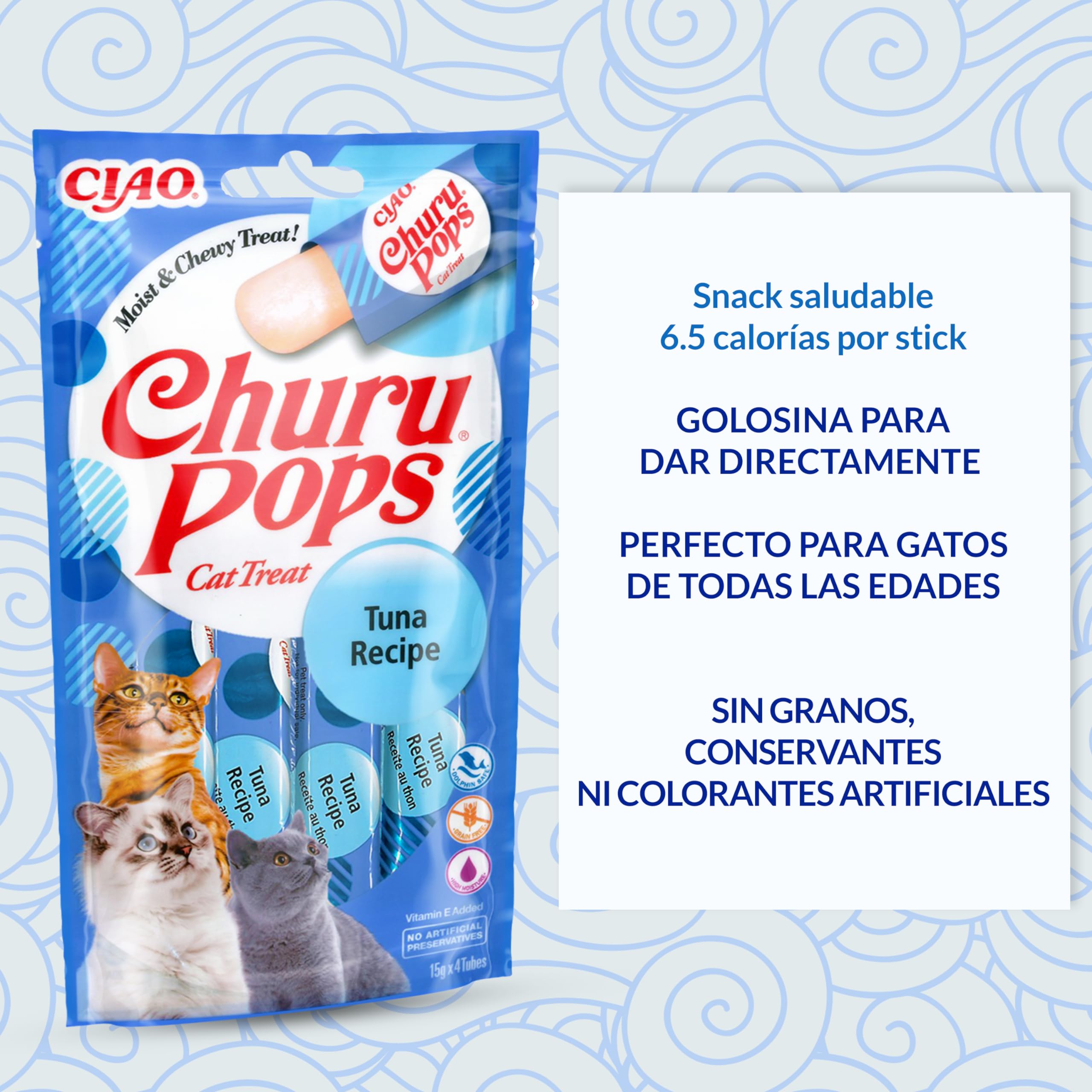 INABA Churu Pops Gatos - Deliciosos Snacks con Sabor a Atún - Golosinas en prácticas porciones - Saludables, sin Conservantes ni Colorantes Artificiales - Pack de 60g (4 x 15g)