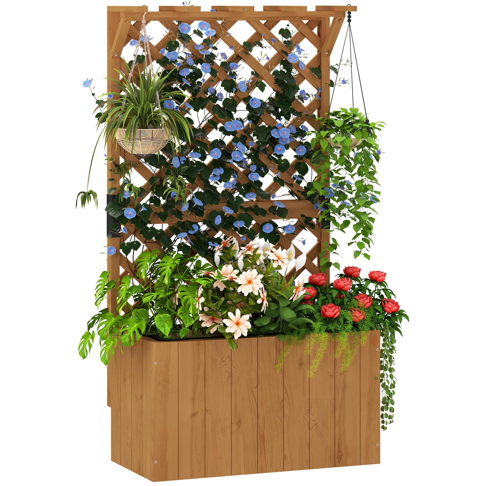 Outsunny Raised Garden Bed Wooden Planter Box With Trellis And Drainage Holes Natural