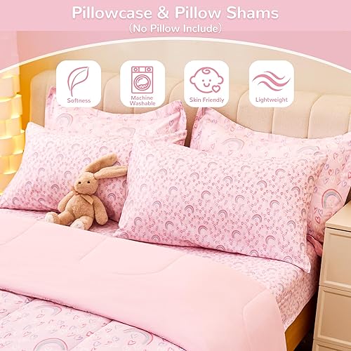 Vista 6 de Viviland Kids Twin Bedding Sets for Girls, Soft Twin Comforter Set with Sheets, 5 Pieces Microfiber Bed in a Bag, Pink Heart Rainbow Arcoíris rosa