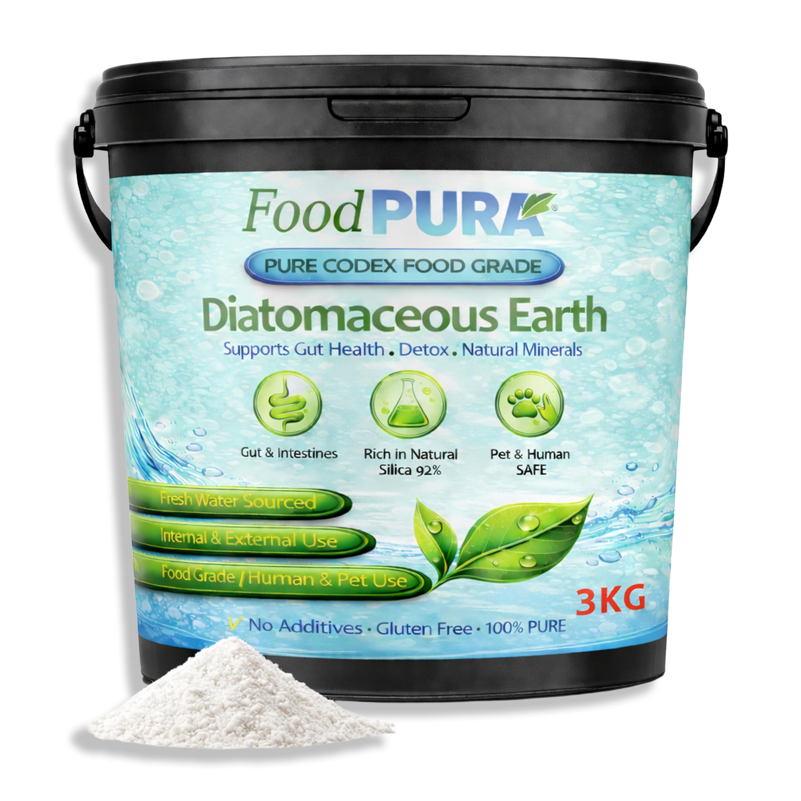FoodPURA 3KG CODEX Food Grade White Diatomaceous Earth – Freshwater Sourced Peruvian DE – Ultra Fine Natural Silica Powder – Human Food Grade – Resealable Bucket - Rich in 92% Good Natural Silica